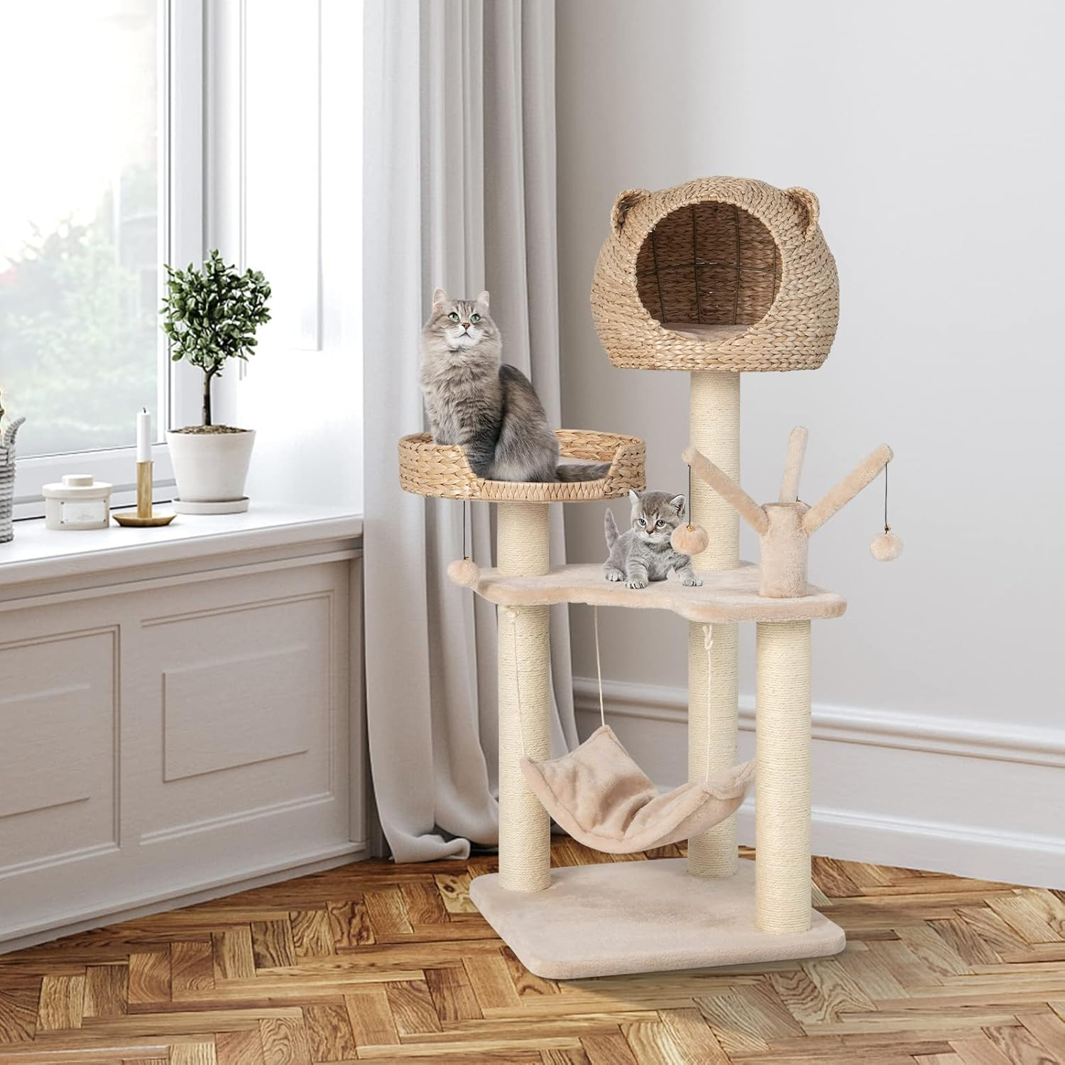 Giantex Wooden Cat Tree, 48 Inches Cat Tower with Cattail Condo, Cat Bed, Hammock, Rotatable Jingling Balls, Natural Sisal Scratching Posts, Removable Cushion, Multi-Level Kitten Activity Center image number 4