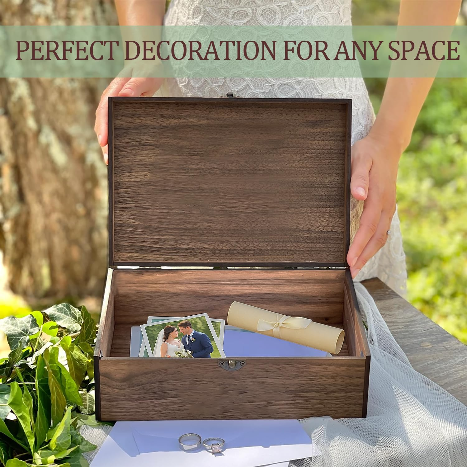 Beegreeny Wooden Memory Box with Lid, Wedding Keepsake Box for Couples, Wedding Gift Box for Bride and Groom, Bridal Shower, Mr & Mrs, Anniversary Valentines Gifts Ideas for Couples image number 4