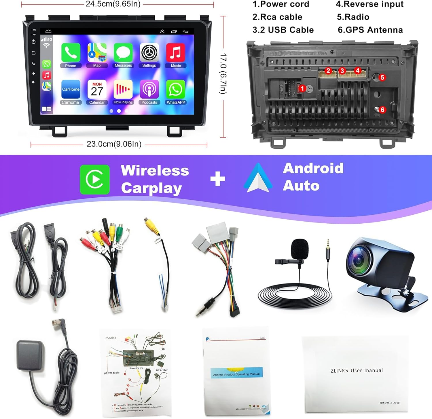 4G+64G Android 12 Car Radio for Honda CRV 2007-2011, 9'' Head Unit Stereo with Wifi/5G, Wireless Carplay+Android Auto, GPS Navigation, Bluetooth5.2, 1080P Rear Camera, Touch Screen, SWC, FM Radio image number 2