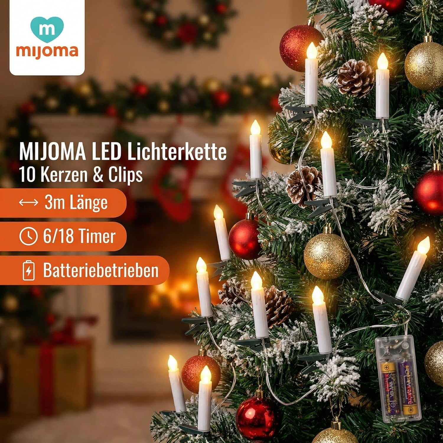 MIJOMA LED Fairy Lights with 10 Candles and Clips, 3 M Length, Battery Operated, 6/18 Timer - Flexible and Ideal for Christmas Decoration image number 6