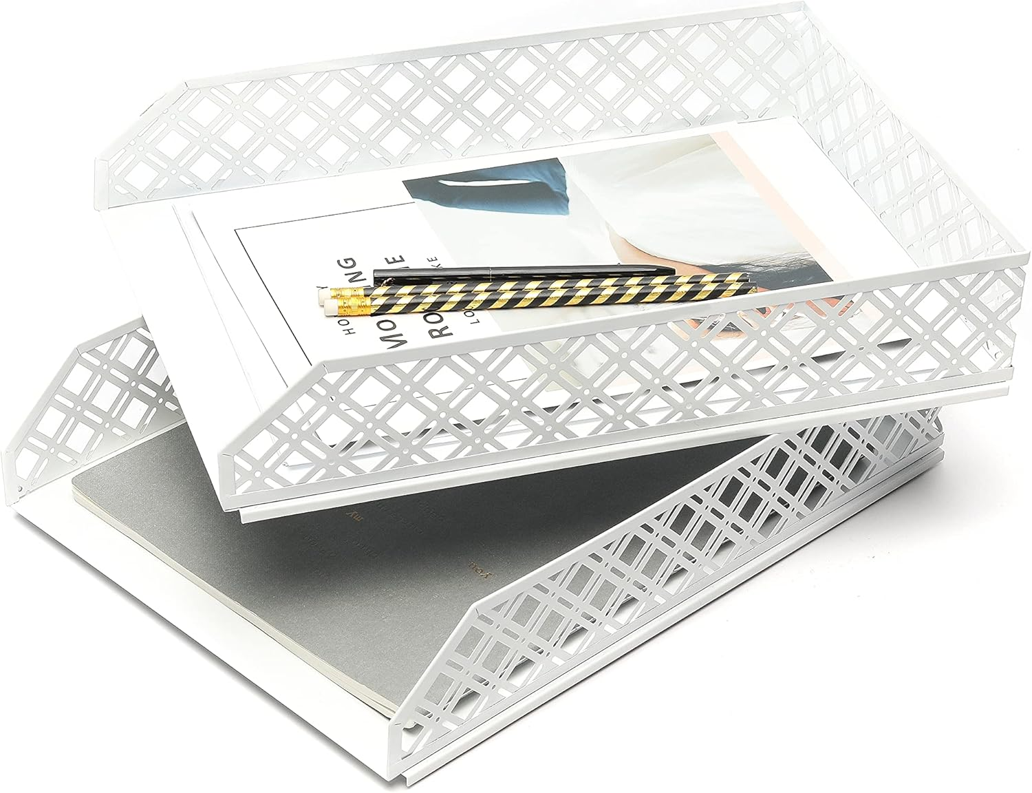 Exerz Letter Trays 2Pcs Stackable Paper Sorter/Desk Organiser/File Tray for Desk - Wire Mesh Metal File Rack - Office, School, Home Study (White) - Light Pink image number 4