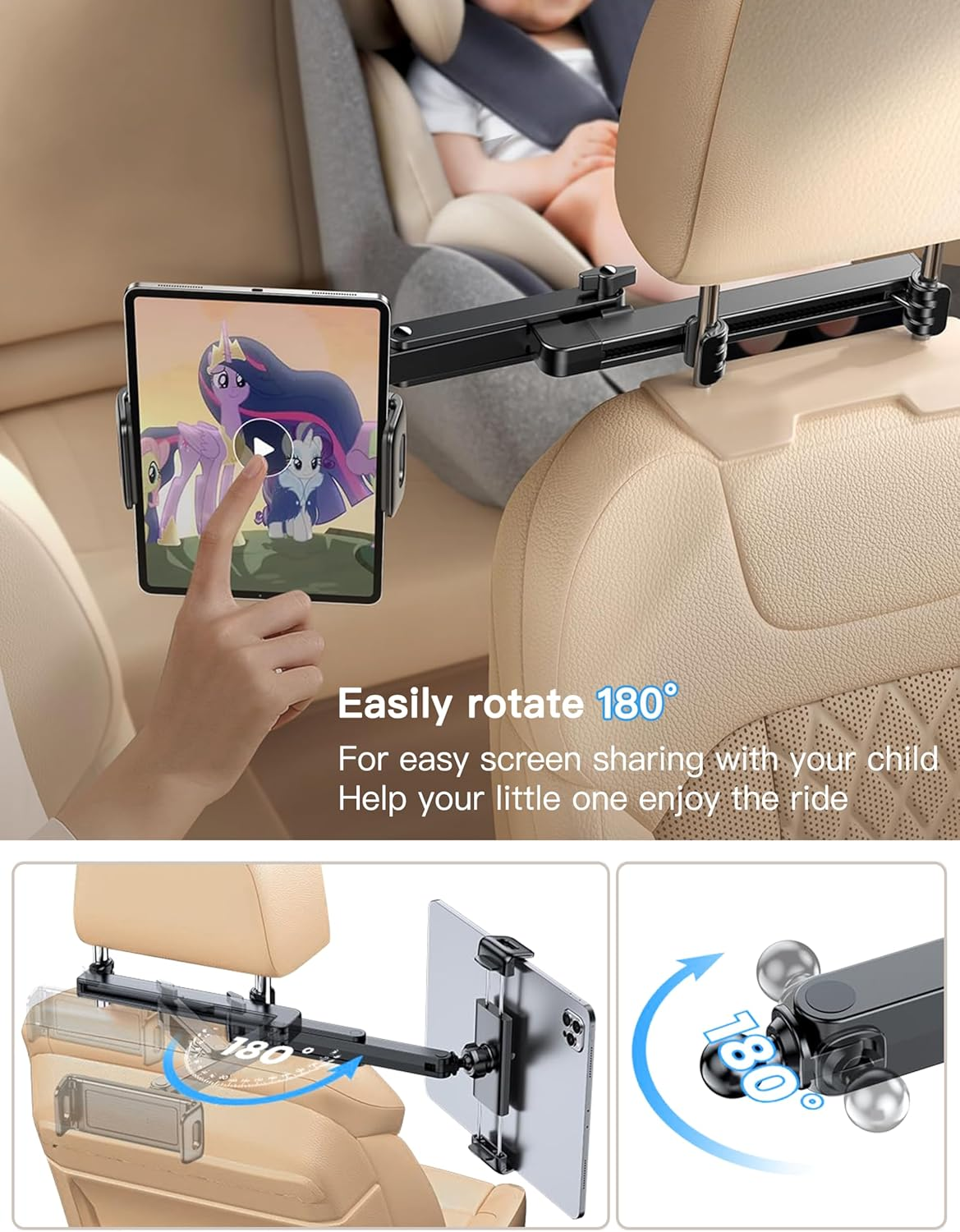 Stretchable Car Headrest Tablet Mount - Tablet Holder for Car, 360&deg;Rotating Adjustable, Road Trip Essentials Kids Family, for Ipad Pro, Air, Mini, Galaxy, Fire, More 4.5-12.9" Devices image number 5