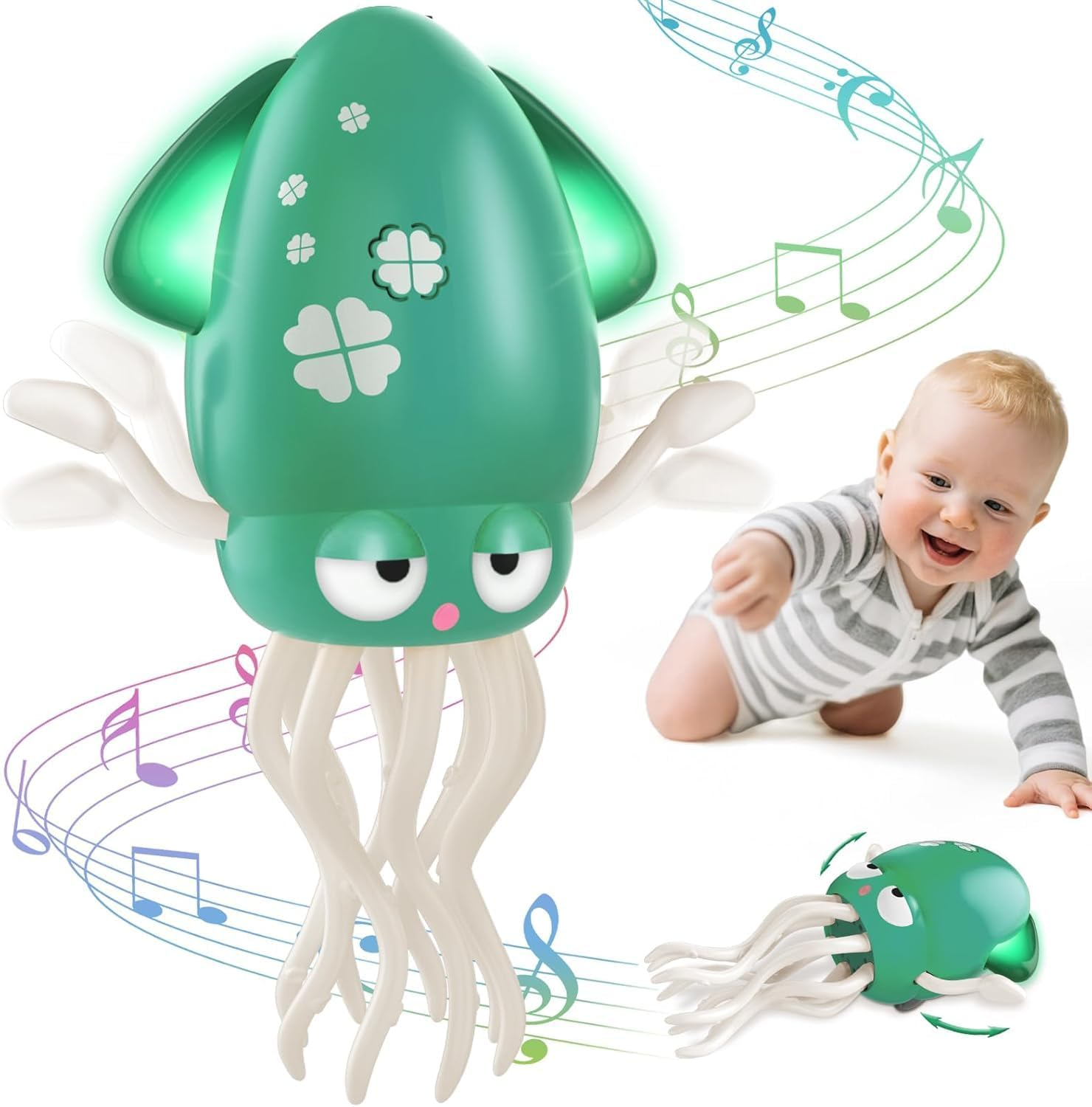 Dancing Octopus Baby Toy, Electric Crawling Octopus Tummy Time Toy, Rechargeable Magic Dancing Music Squid for Kids Boy Girl Birthday Gifts, Funny Squid for Office Desk Decor (Yellow)