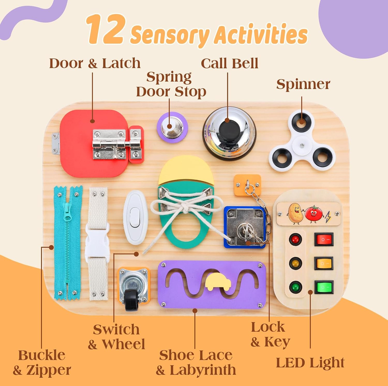 Potatomato Montessori Sensory Board &ndash; Fine Motor Skill Development Toy for Toddlers &ndash; Wooden Busy Activity Board for Boys & Girls &ndash; Early Learning & Birthday Gift Idea image number 4