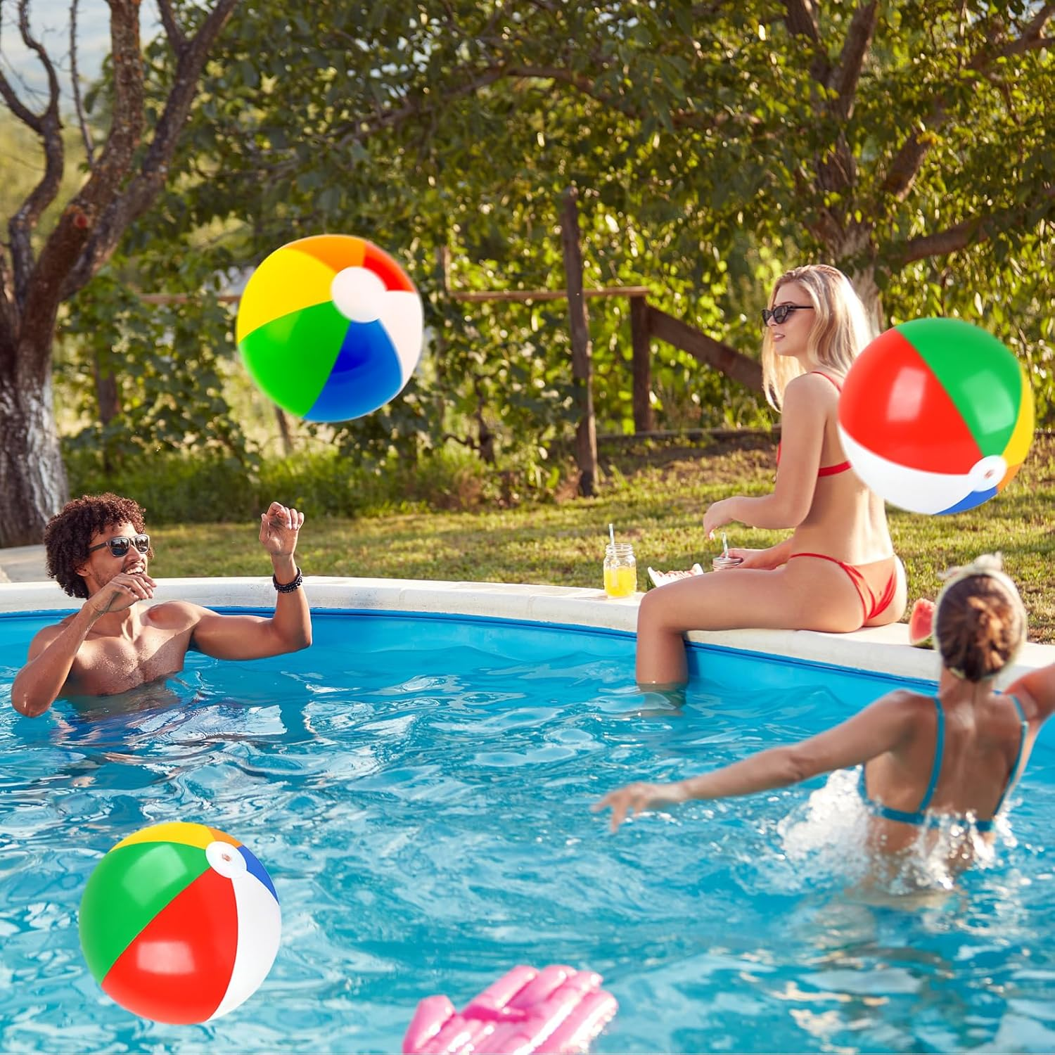 ZCOINS 4 Pack 24'' Large Inflatable Rainbow Beach Balls Bulk with Pump, PVC Blow up Beach Ball Swimming Pool Toys, Summer Pool Beach Balls Party Supplies Favors for Outdoor Activity Water Game