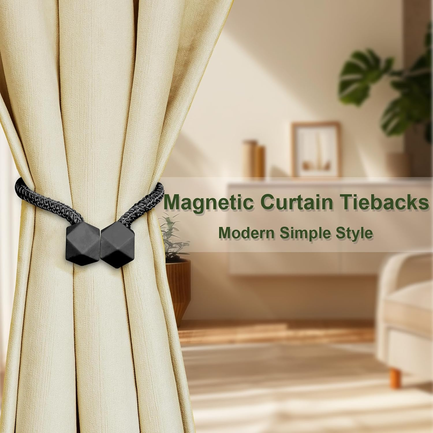 Black Magnetic Curtain Tiebacks 4 Pack Curtains Tie Backs Holdbacks Holders for Drapes Ties Magnets Buckles Clips No Drill Modern Bedroom Decor Window Treatment - Black image number 5