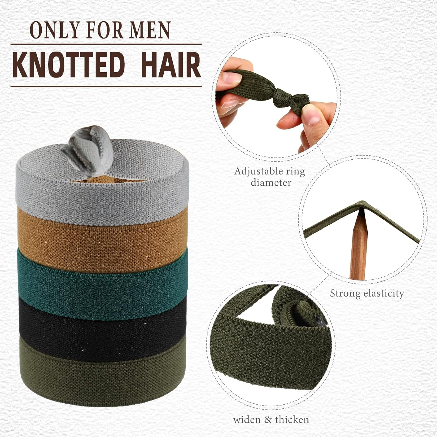 Juexica 30 Pcs Knotted Mens Hair Ties, Elastic Flat Man Bun Hair Tie for Men, Hair Ties for Long Curly Long Hair (Multicolored) image number 5