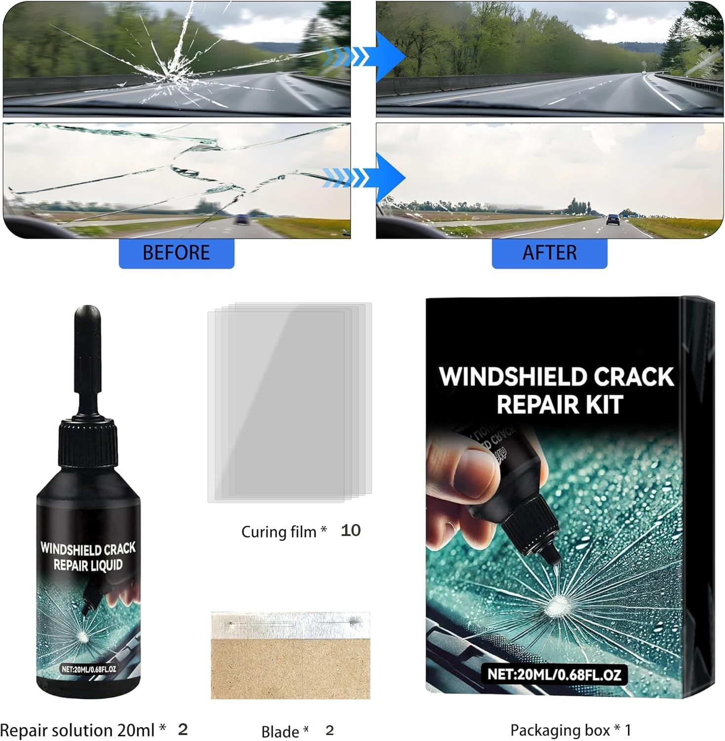 2 Pcs Cracked Windshield Repair Kit, 40Ml Professional Windshield Glass Repair Kit with Fast-Curing Resin, DIY Car Windshield Chip Repair Kit for Long Cracks, Rock Chip & Scratch Remover