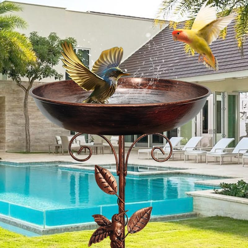 Decorative Bird Bath Feeder, Copper Metal, 80Cm Height, Garden Bird Feeder with Beautiful Leaf and Bird Mofifs Design image number 4