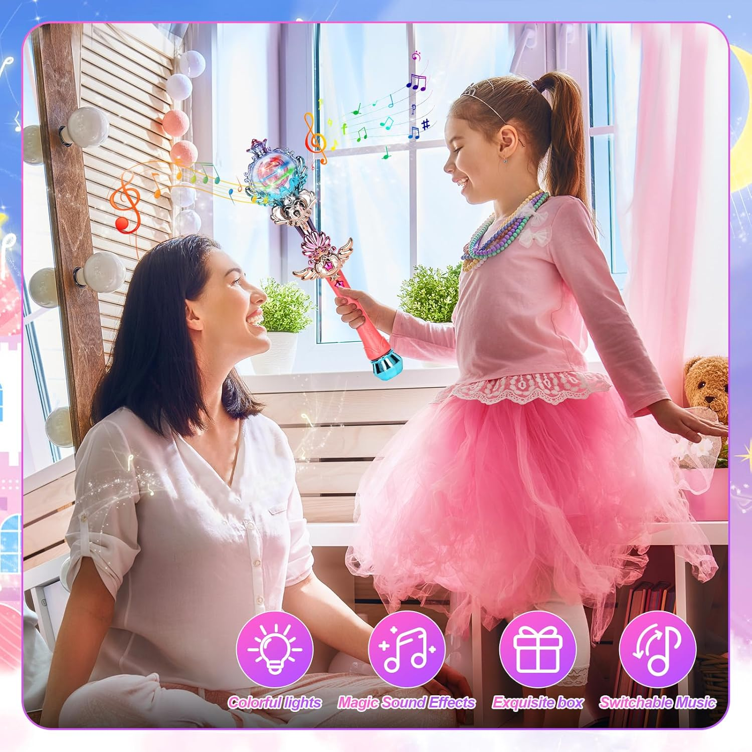 Skirfy Princess Toys Magic Wand for Girls, Fairy Wand with Spinning LED Light and Sound, Girl Halloween Birthday Party Favors for Kids Age 3 4 5 6 7 8 9 10 image number 3