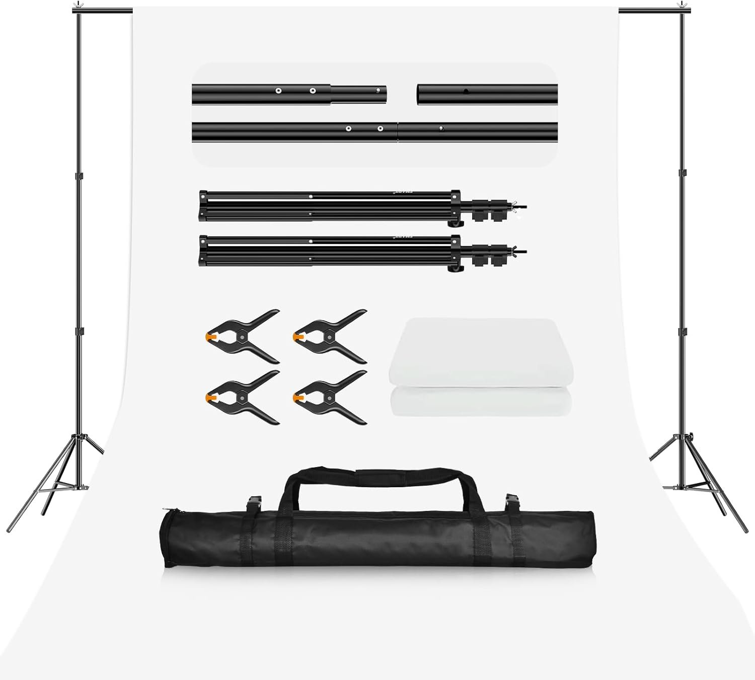 EMART Backdrop Stand Kit 2X2M/ 6.5X6.5Ft Photography Back Drop Support with White Background Carrying Bag and 4 Spring Clamps for Photo Decoration Party Studio Video image number 1