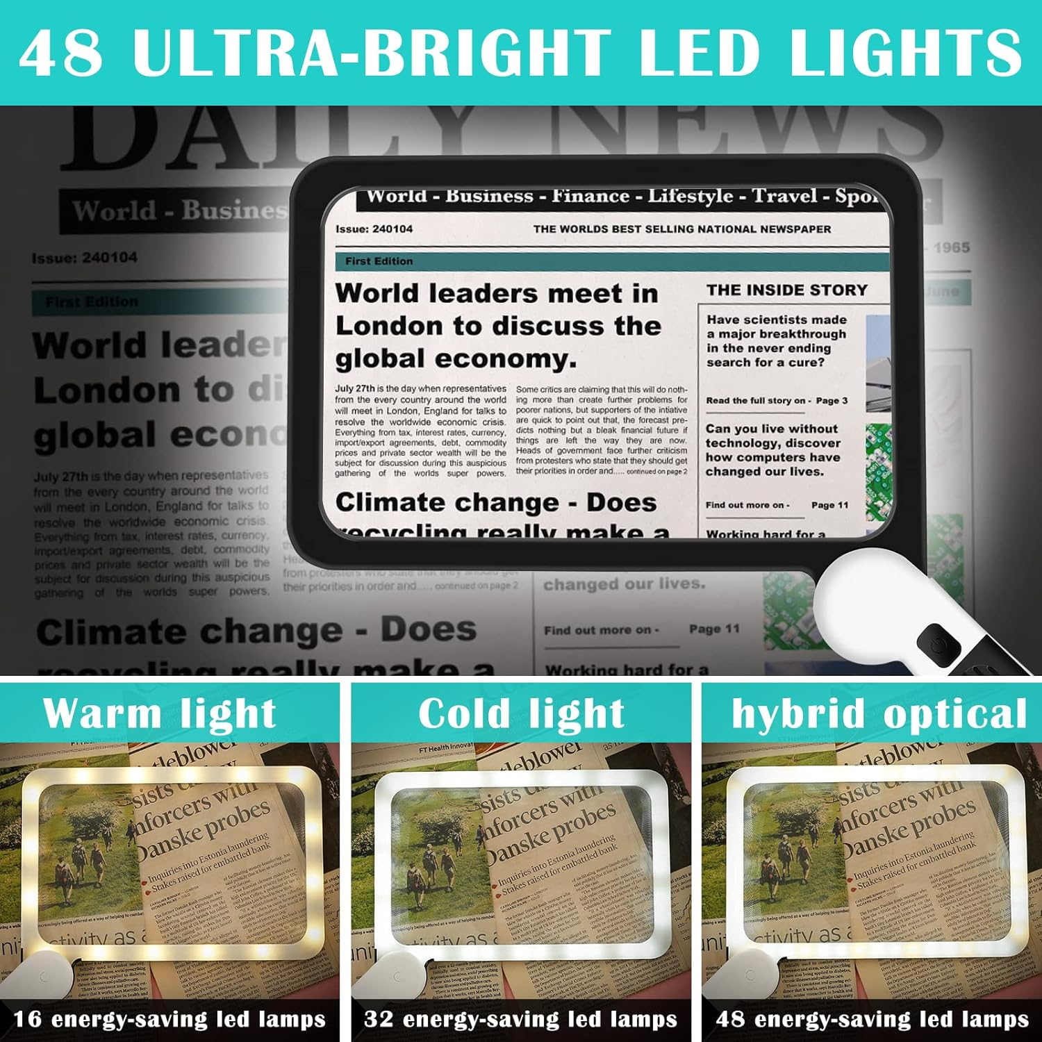 5X Magnifying Glass with 48 Adjustable LED Light High Clarity Ergonomic Handheld Magnifier Seniors Reading Magnifier