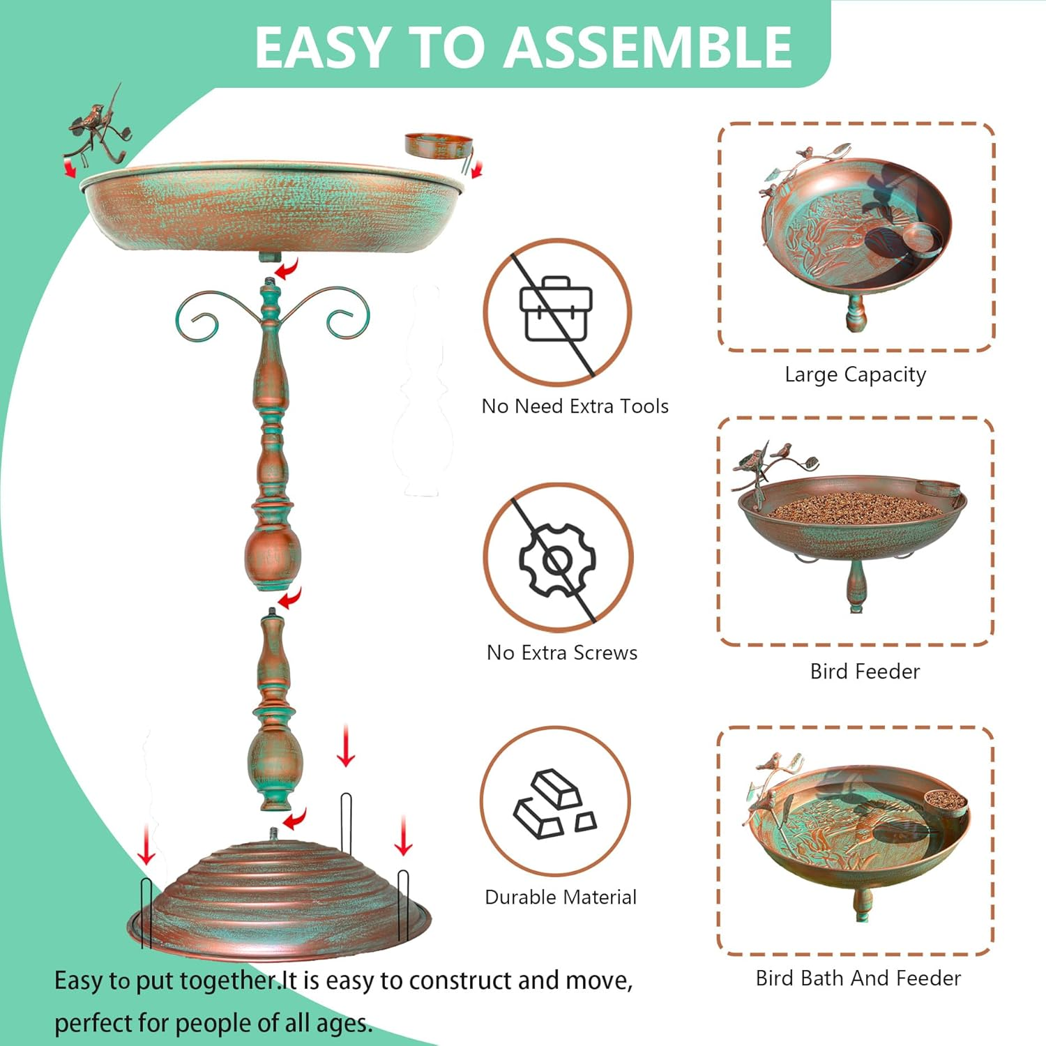 Bird Baths for Outdoors 13&rdquo;W Large Metal Bird Feeder Bowl with Hummingbird Pattern Birdbath and Feeder Freestanding Birdbaths for Garden,Yard Decor(28.7 Inch Tall) (Green-Hummingbird) image number 1