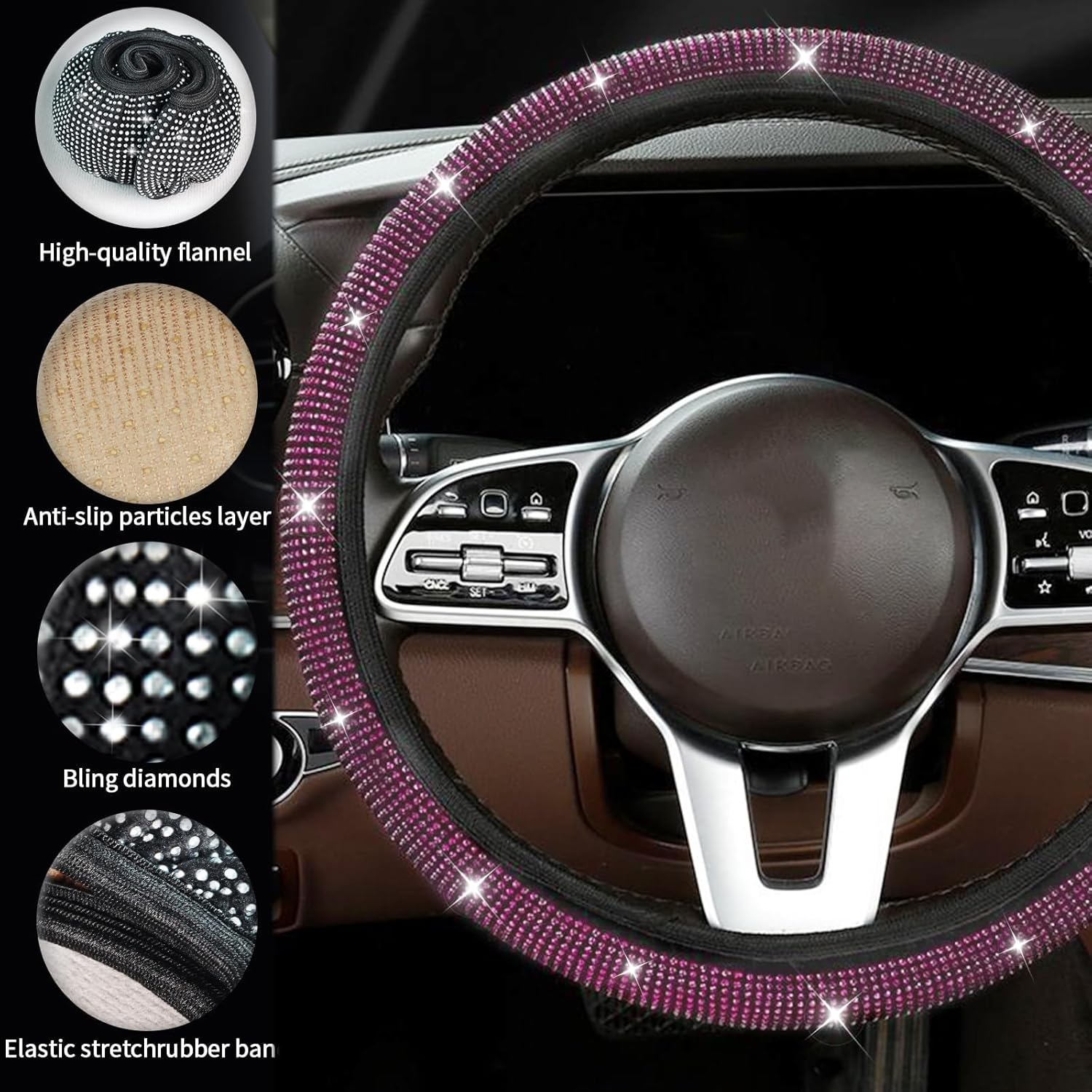 Steering Wheel Cover for Women Bling Crystal Diamond Sparkling Steering Wheel Covers with Coaster Interior Accessories Universal Fit 14"-15" Anti-Slip Steering Wheel Protector (Pink) image number 2