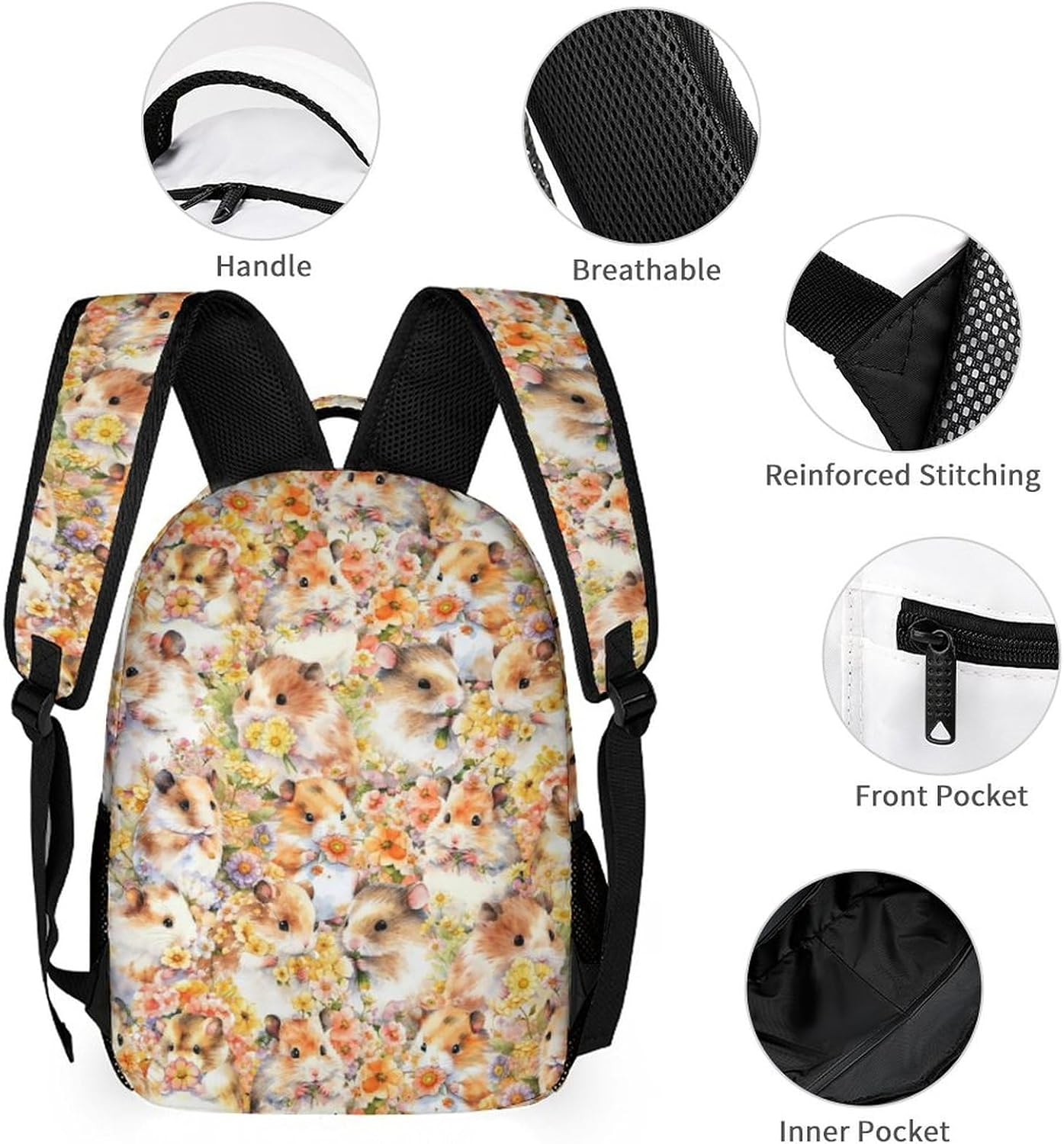 Hamster Backpack for Kids Girls Boys School, 16 Inches Hamster Bookbag, Hamster Backpack for School - Hamster Backpack1 Set image number 3