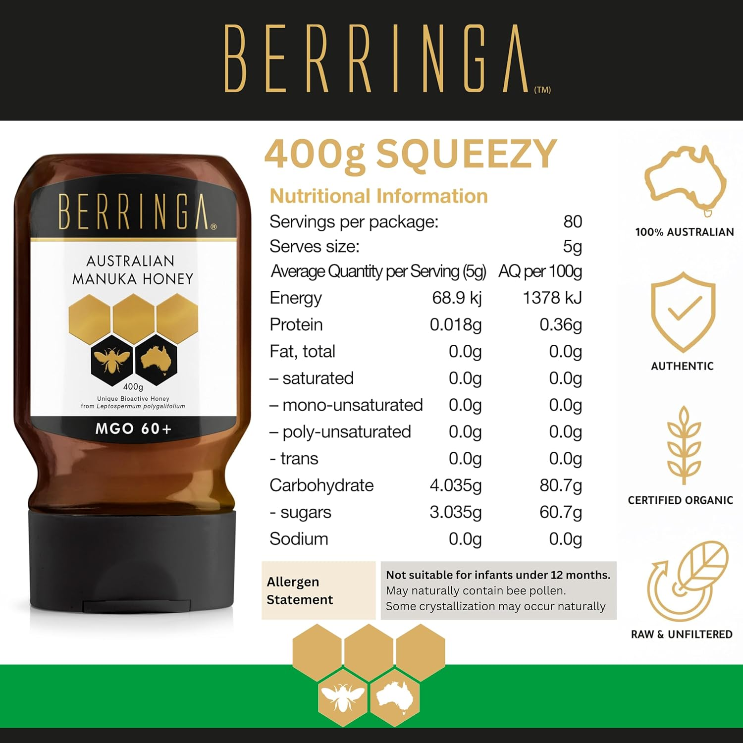Berringa Raw Unfiltered Manuka Honey Squeeze Bottle - Certified Tested MGO 60+ 400G | Everyday Boost | Traceable Genuine Local 100% Pure Australian | Non-Gmo Superfood | Convenient No Drip Squeezy image number 4