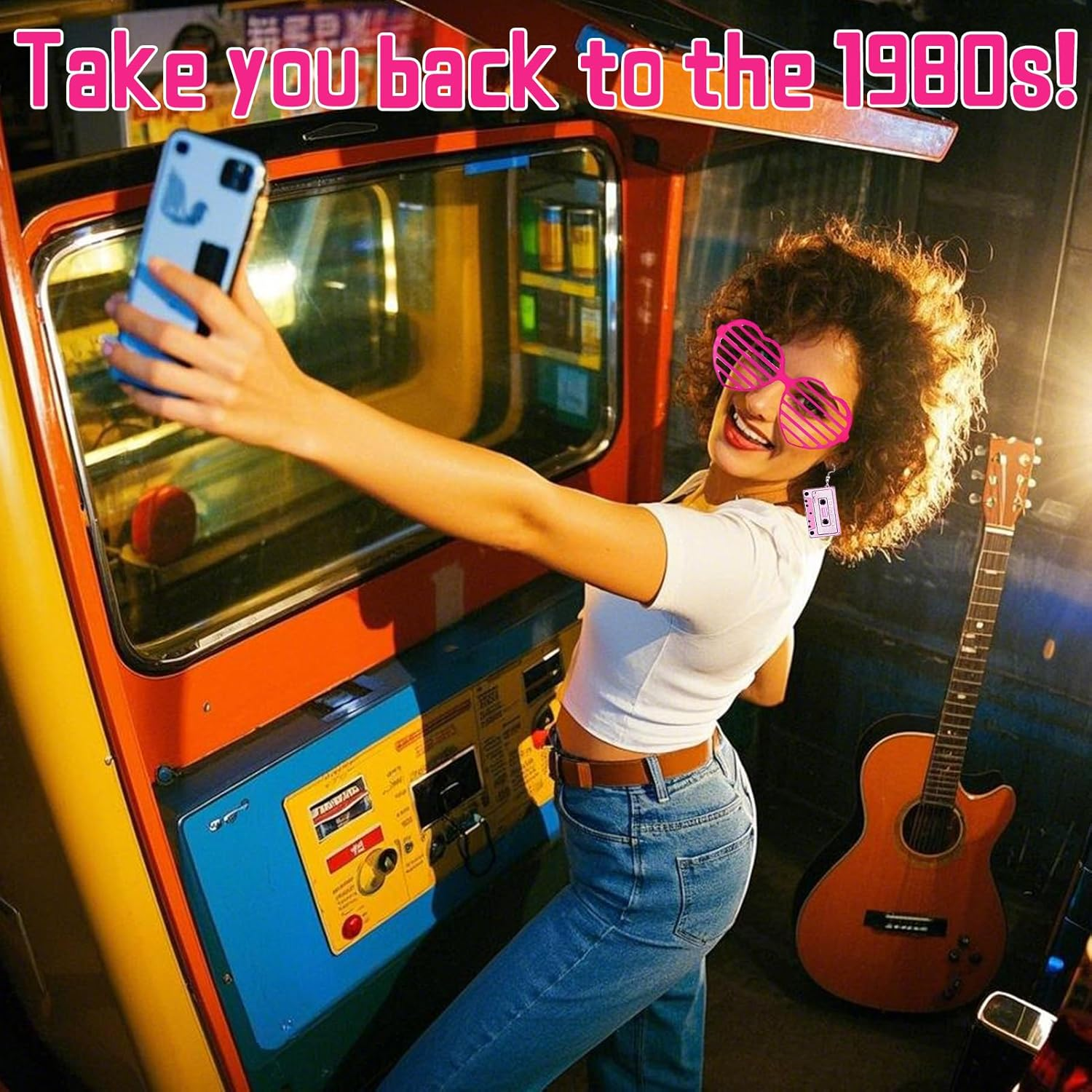 21PCS 80S Girl'S Clothing and Accessory Set, T - Shirt Printed with Elements, 80S Party Accessories Including Pink Bead Chain, Lace Headband, Bracelets, Retro Sunglasses, Etc. 1980S Themed Party image number 3