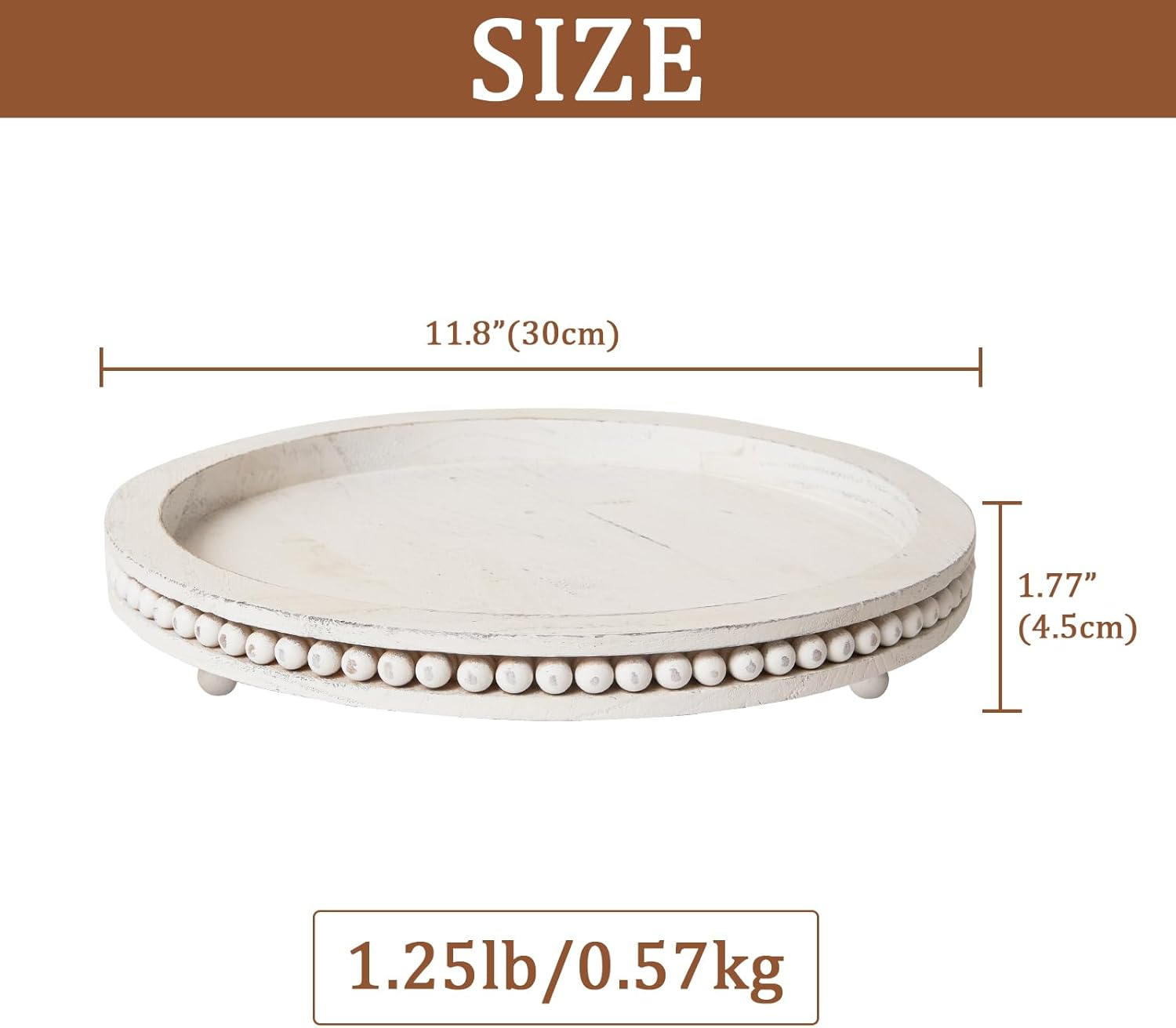 Tray Decor 12" Beaded round Decorative Trays - Rustic Farmhouse Home Decor for Coffee Table Centerpiece, Living Room, Kitchen, Bedroom - White Wood image number 5