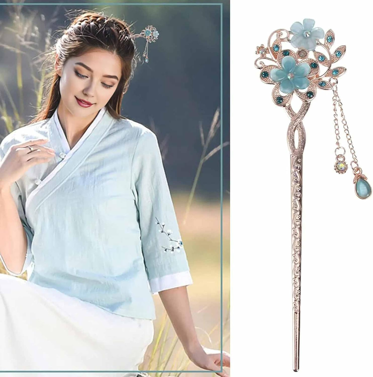 Vintage Hair Stick Opal Hair Sticks Hair Chinese Hair Pins Old Hair Clip (Blue) 1 Piece (Pack of 1) image number 4