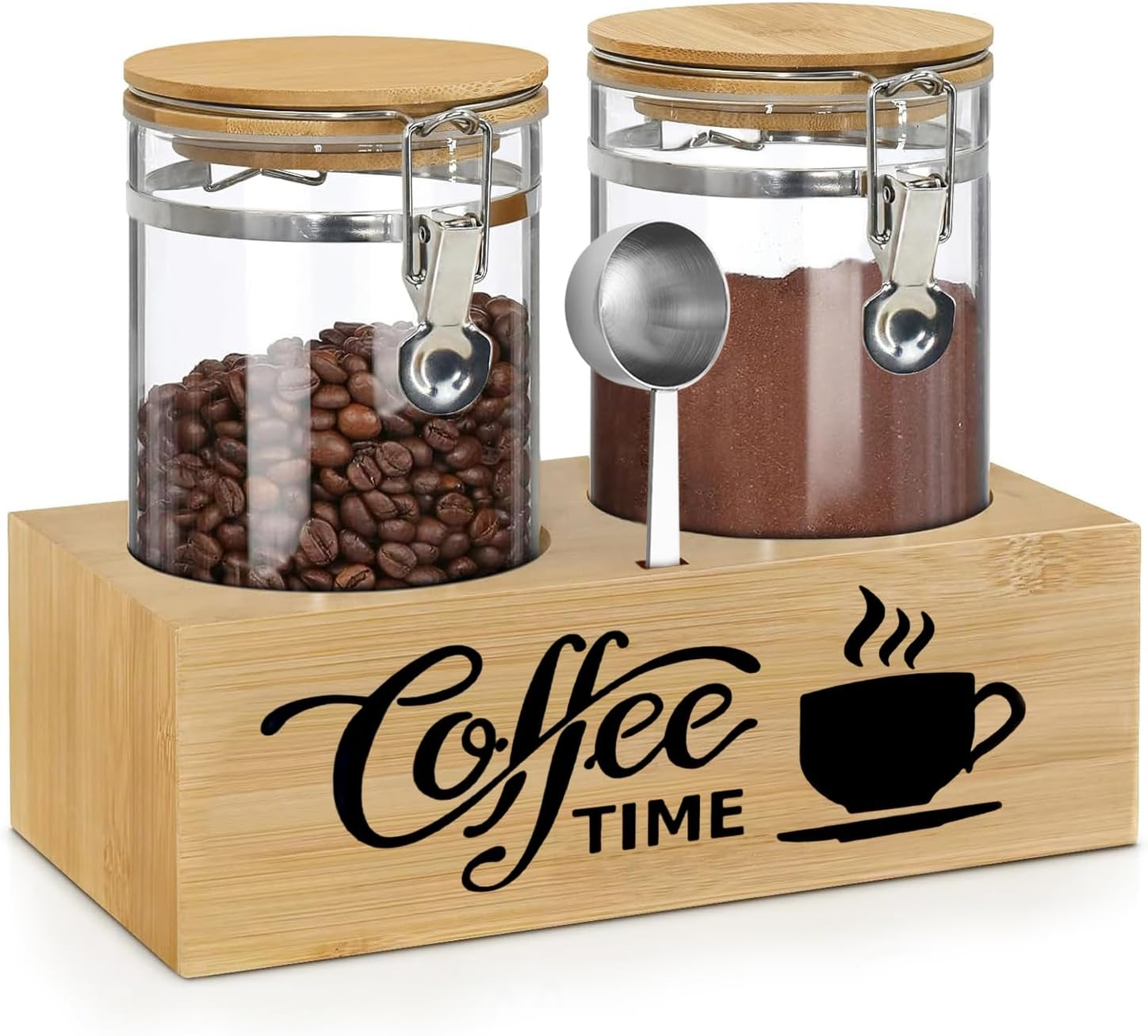 Generic Modern Elegant Coffee Canister Set - 2 X 1.5Kg Capacity, 33Cm L X 15Cm H - Glass & Bamboo, Airtight, Wire Clamp Closure - Perfect for Coffee & Dry Goods Storage image number 1