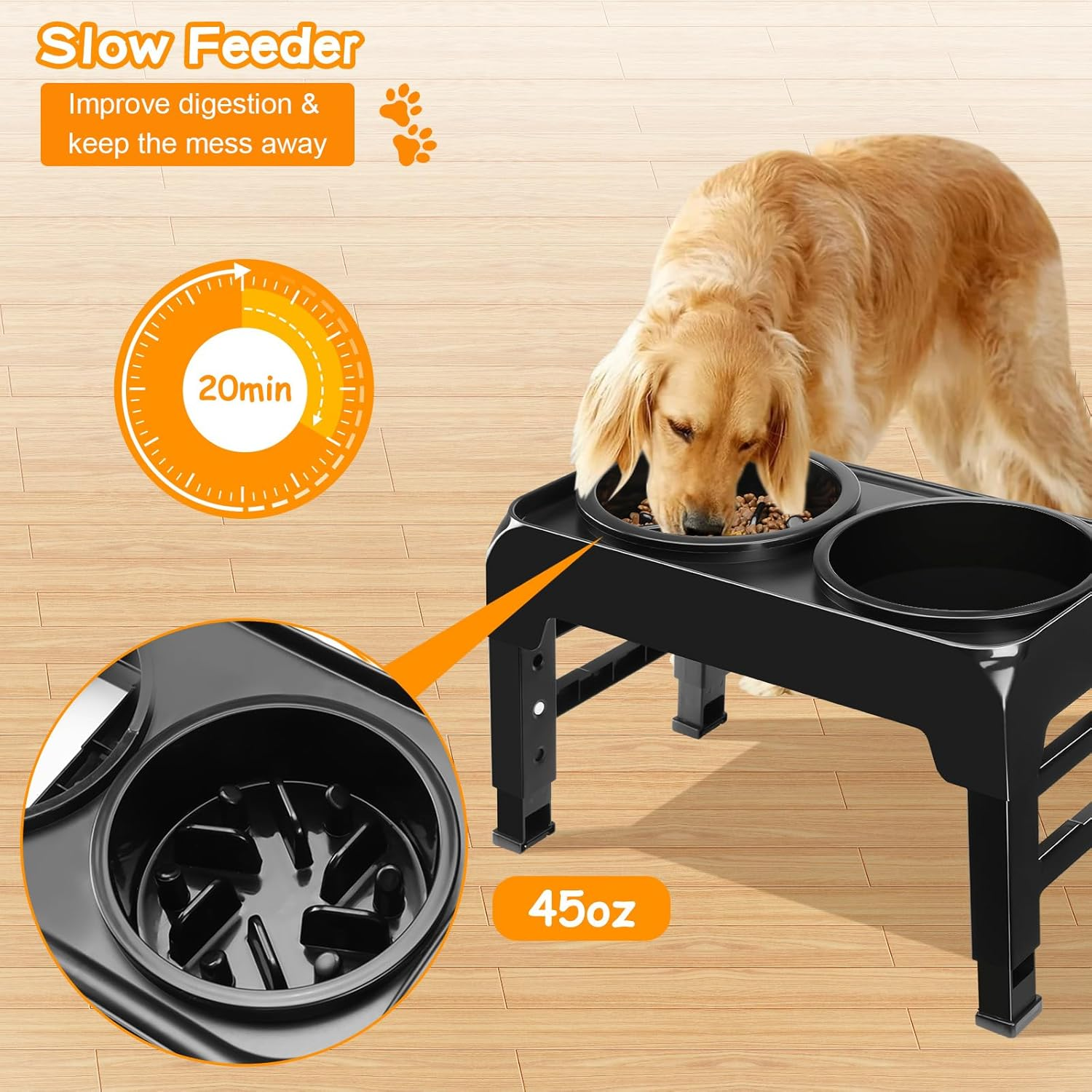 COMESOON 2-In-1 Elevated Dog Bowls Slow Feeder for Large Breed Medium Sized Dogs, 4 Height Adjustable Raised Dog Bowl Stand for Food and Water, Non-Slip Dog Feeder, Black