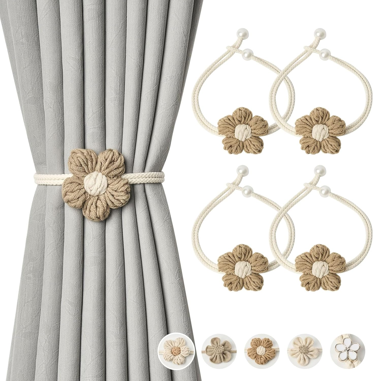 Pretty Jolly 4 Pack Cute Hand-Woven Flower Curtain Tiebacks Boho Farmhouse Style Home Decor Drape Tie Backs Adjustable Natural Cotton Rope Curtain Holdbacks for Home Office Window Draperies (C-Coffee) image number 5