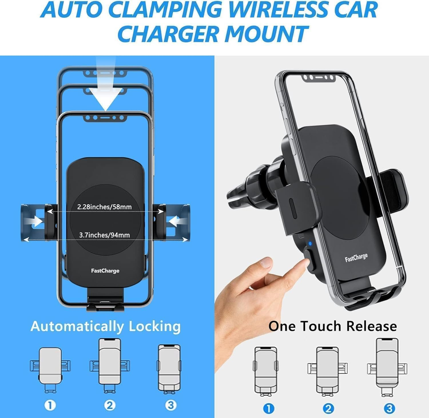 Wireless Car Charger Fast Charge 15W Auto Clamp Car Charger Phone Holder Phone Mount for Iphone 16 15 14 13 12 11 Pro Max Xs, Samsung Galaxy S24 Ultra S23 S22 S21 S20