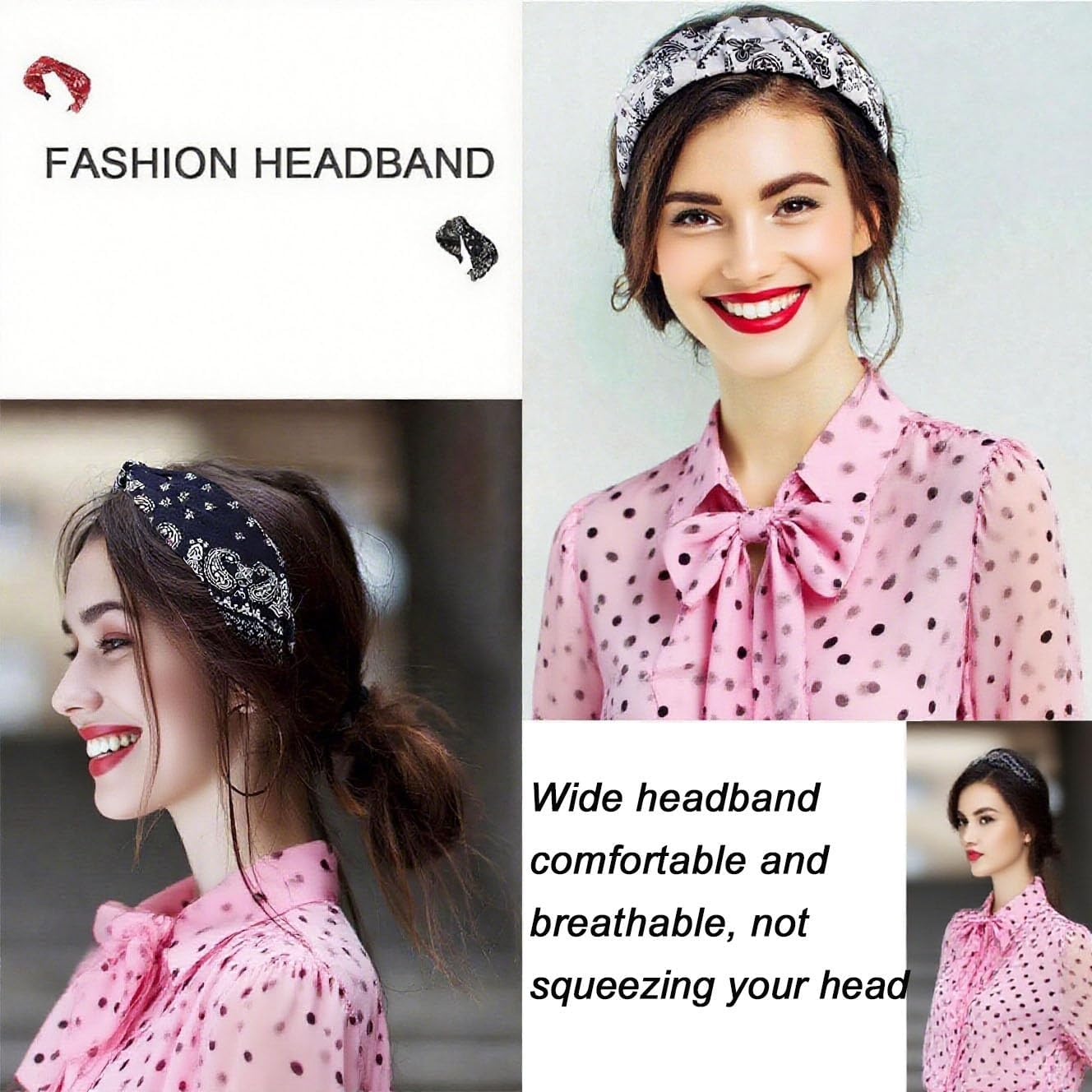 Pack of 4 Wide Paisley Headbands, Women'S Hair Bands with Knots, Vintage Rockabilly Headbands, Wide Knot Turban, Elastic Hair Bands, Non-Slip Hair Accessories, Hair Accessories for Women and Girls image number 3