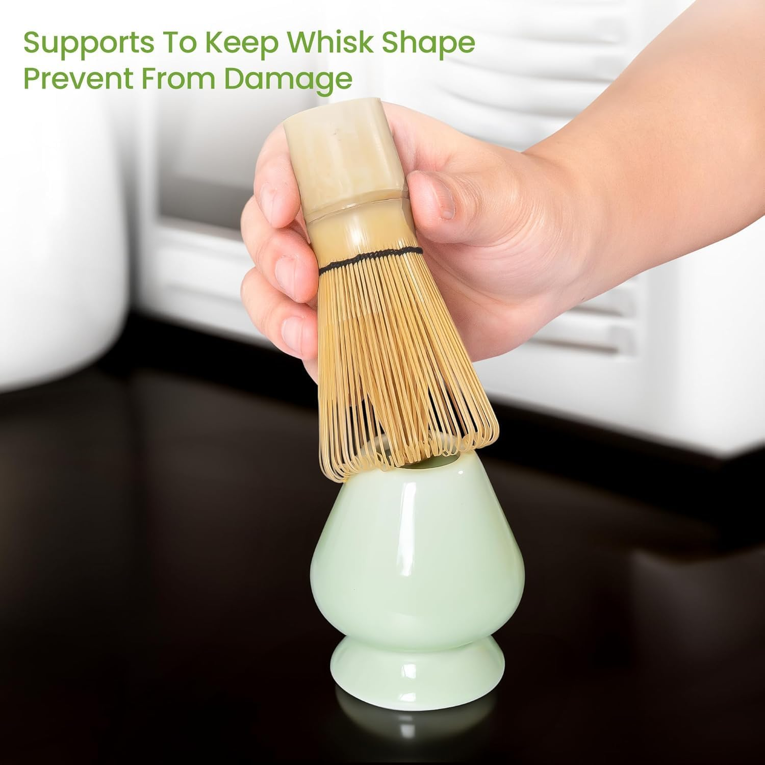 Matcha Whisk Set, Japanese Tea Set Includes Matcha Bowl with Spout, Matcha Whisk Holder, Bamboo Matcha Whisk and Bamboo Scoop, Ceramic Matcha Kit for Tea Lovers ﻿ (Green -4Pcs)