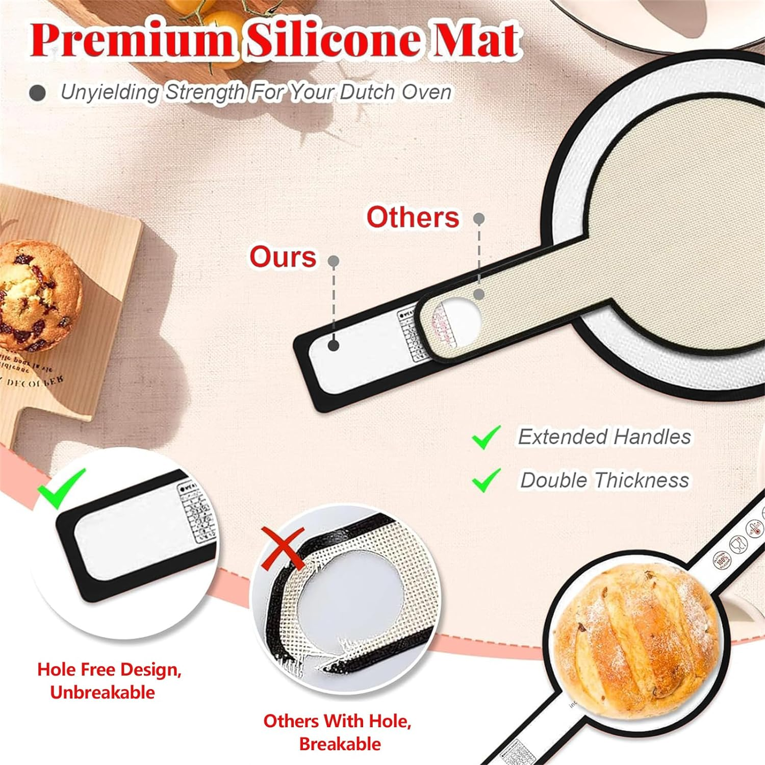 Silicone Bread Sling for Dutch Oven, 2 PCS Non-Stick & Easy Clean Reusable Silicone Bread Baking Mats with Long Handles, Easy to Transfer Sourdough Bread - Black  Red image number 4