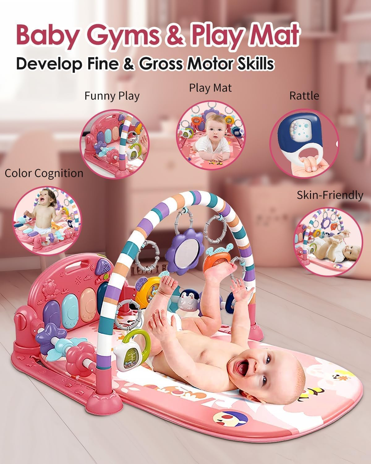 Veraste Baby Play Mat Baby Gym,Funny Play Piano Tummy Time Baby Activity Mat with 5 Infant Sensory Baby Toys, Music and Lights Boy & Girl Gifts for Newborn Baby 0 to 3 6 9 12 Months (Pink) image number 1