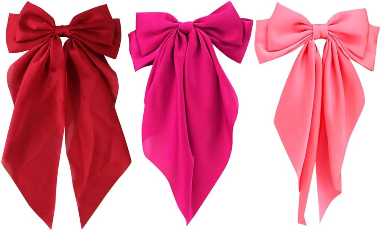 3 Pack Silky Satin Hair Bows for Women Large Hair Bows Oversized Long Tail Hair Bows Barrettes Cute Aesthetic Red Hot Pink image number 3