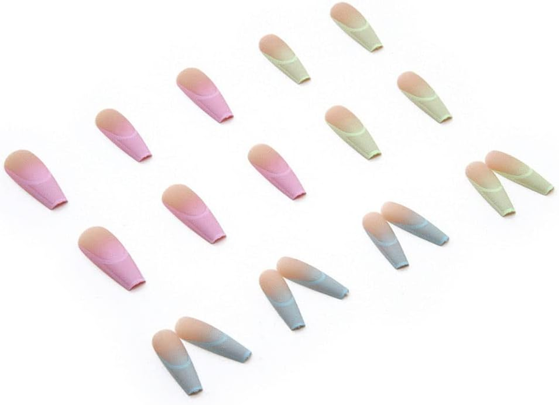 24PCS Cute Press on Nails Rainbow Coffin Fake Nails Full Cover False Nails Colorful Ballerina Nails Tips Acrylic Manicure with Glue for Women and Girls - Rainbow image number 1