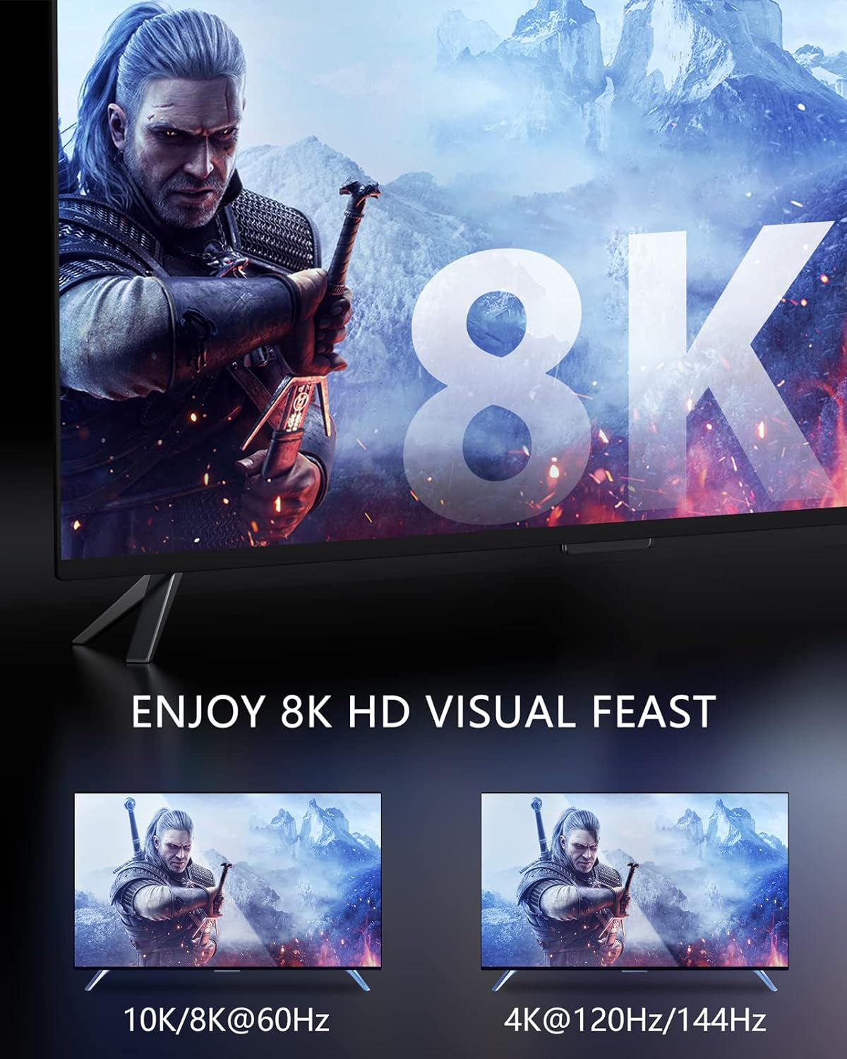 Stouchi HDMI 2.1 Cable 3M 8K 10K 4K Ultra High Speed Certified Cables Earc ARC Cord 48Gbps 8K@60Hz 8K@120Hz 4K@240Hz HDCP 2.2 Dynamic HDR Dolby for PS5 TV Xbox Series X Roku Blu-Ray Braided Durable image number 2