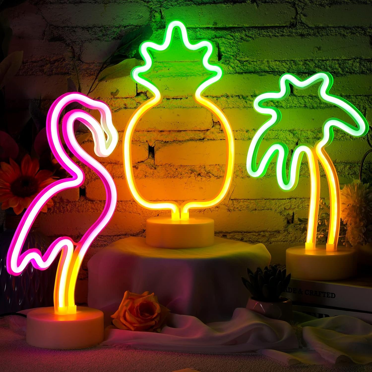 Liliful 3 Pcs Neon Sign Pineapple Neon Lights Sign Pink Flamingo Neon Lights Palm Tree Neon Sign Battery USB Powered Neon Lights Birthday Gifts with Pedestal for Girls Kids Bedroom Hawaiian Party image number 1