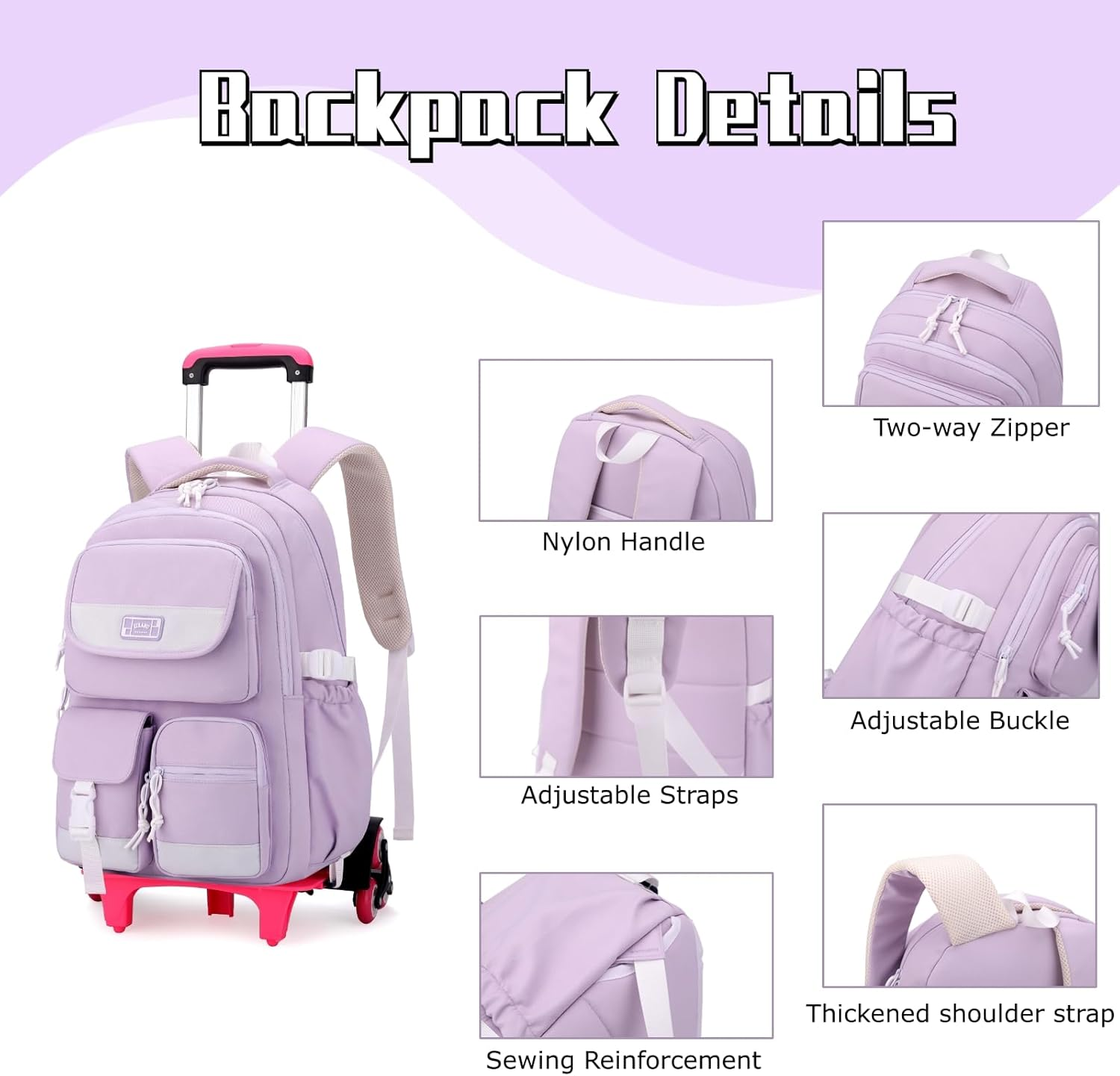 LANSHIYA Solid Color Girls Rolling Backpack with Wheels Schoolbag Elementary School Student Trolley Daypack image number 2