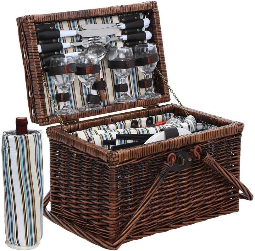 Alfresco Outdoor Insulated Liquor 4 Person Folding Deluxe Picnic Basket Set