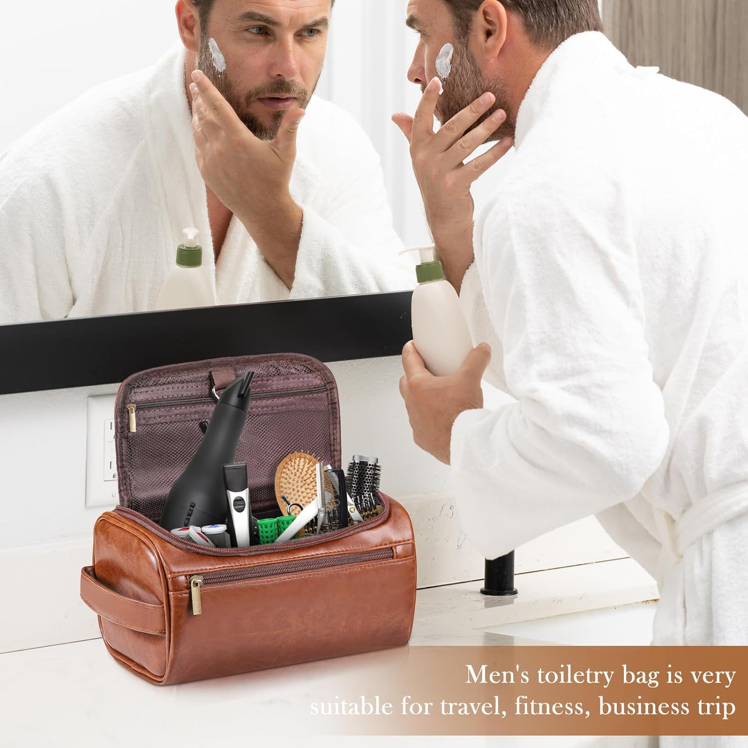 Zocipro Leather Toiletry Bag for Men, PU Artificial Leather Wash Bag for Travel, Gym & Shaving, Dry & Wet Separation with 3 Compartments - Perfect Men'S Hanging Washbag with Shoe Bag image number 6