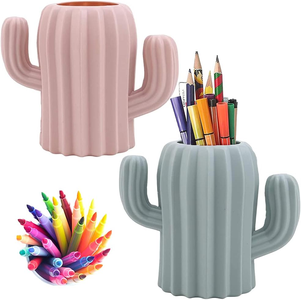 2 Pieces Pen Pencil Pot Holder, Stationery Storage Pen Container, Makeup Brush Holder, Creative Funny Cactus Shape Desk Pen Holder Stand for Desk, Office Supplies, Vanity Table (White, Green)