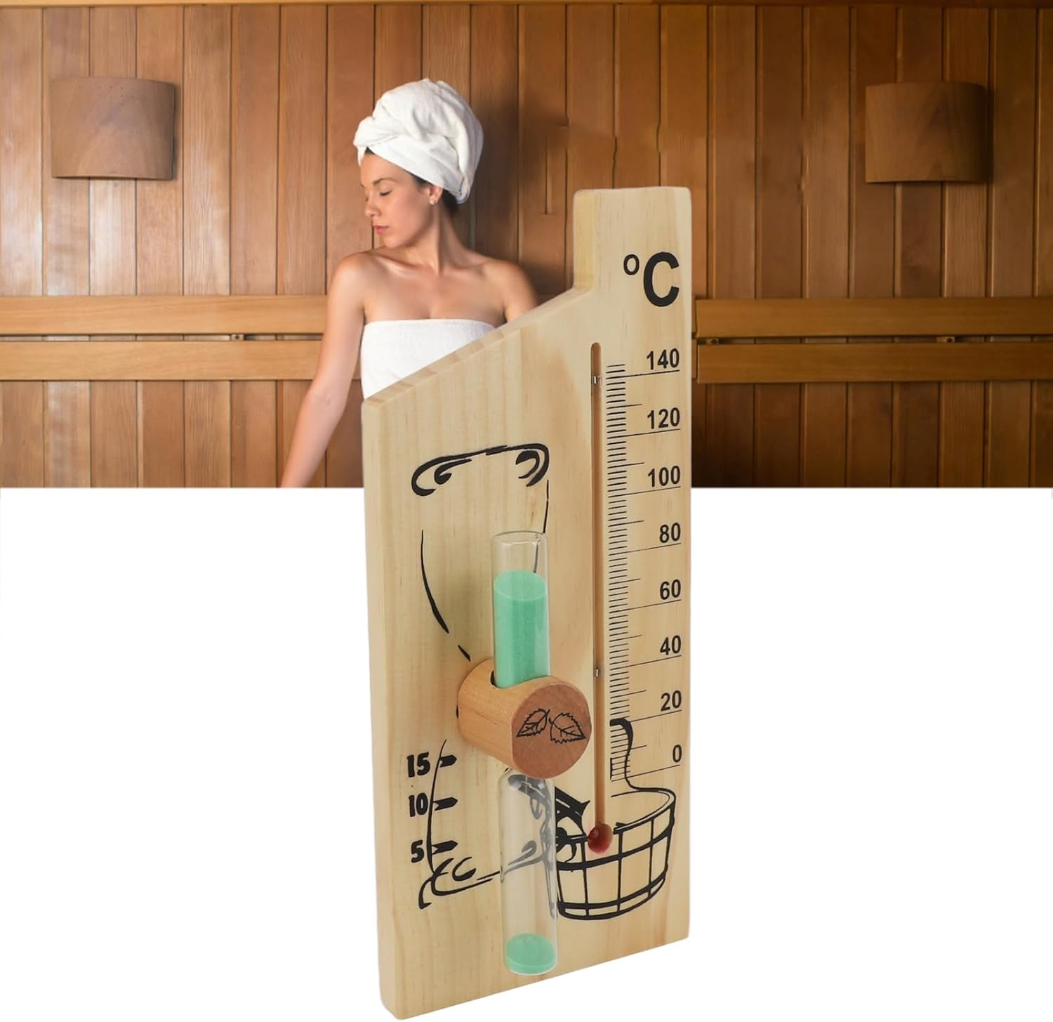 Sauna Thermometer Hourglass, Steam Room Sauna Thermometer and Hygrometer Golden Wooden Frame Double Table Wall Hanging Indoor Solid image number 5