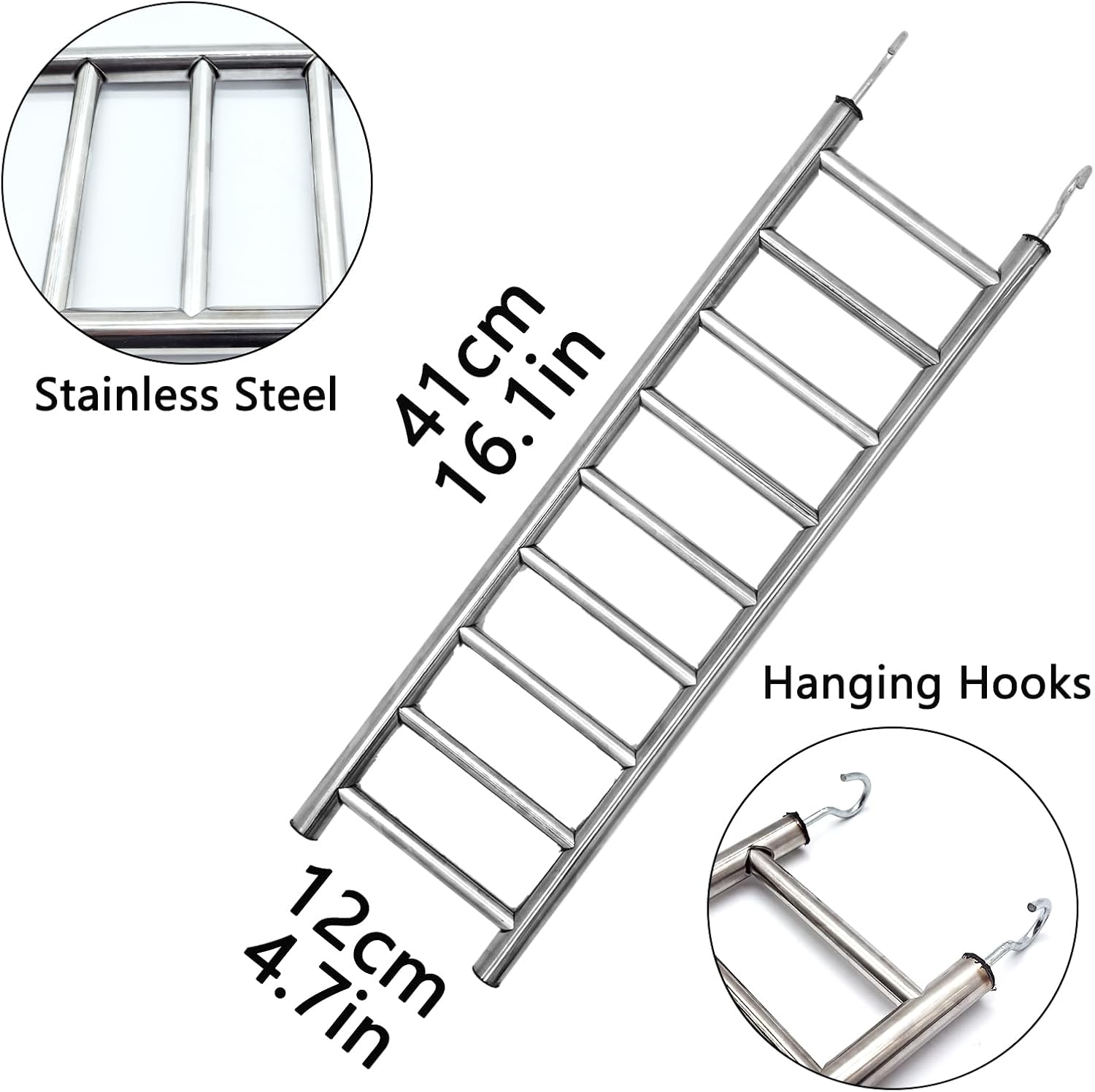 Stainless Steel Bird Ladders 9-Step Parrot Ladder Hanging Bird Cage Climbing Toys with Hooks Birds Exercise Toy for Parakeets, Parrots, Cockatoo，Rust-Resistant and Easy to Clean (1 PCS)