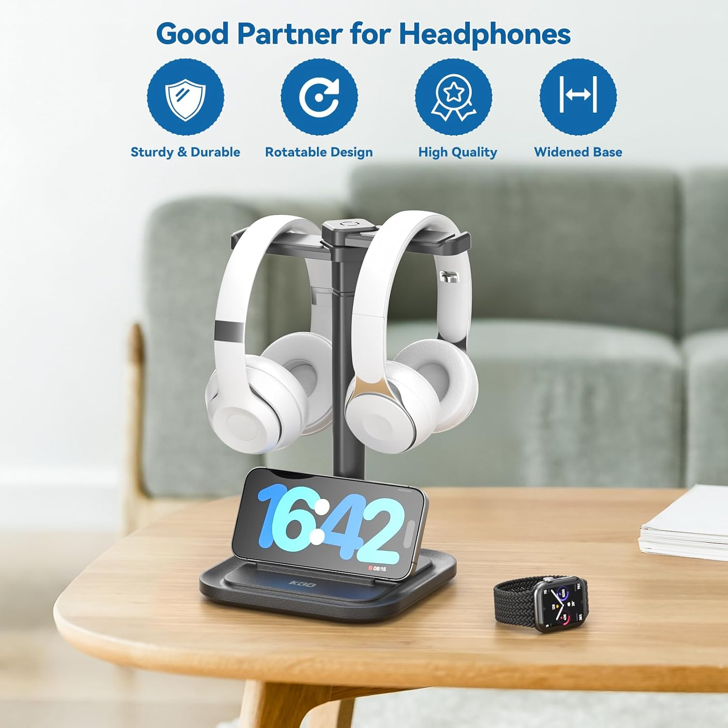 KDD Dual Headphone Stand for Desk - Rotatable Headset Hanger with Phone Holder - Removable Non-Slip Base for Gamers Desktop Accessories image number 5