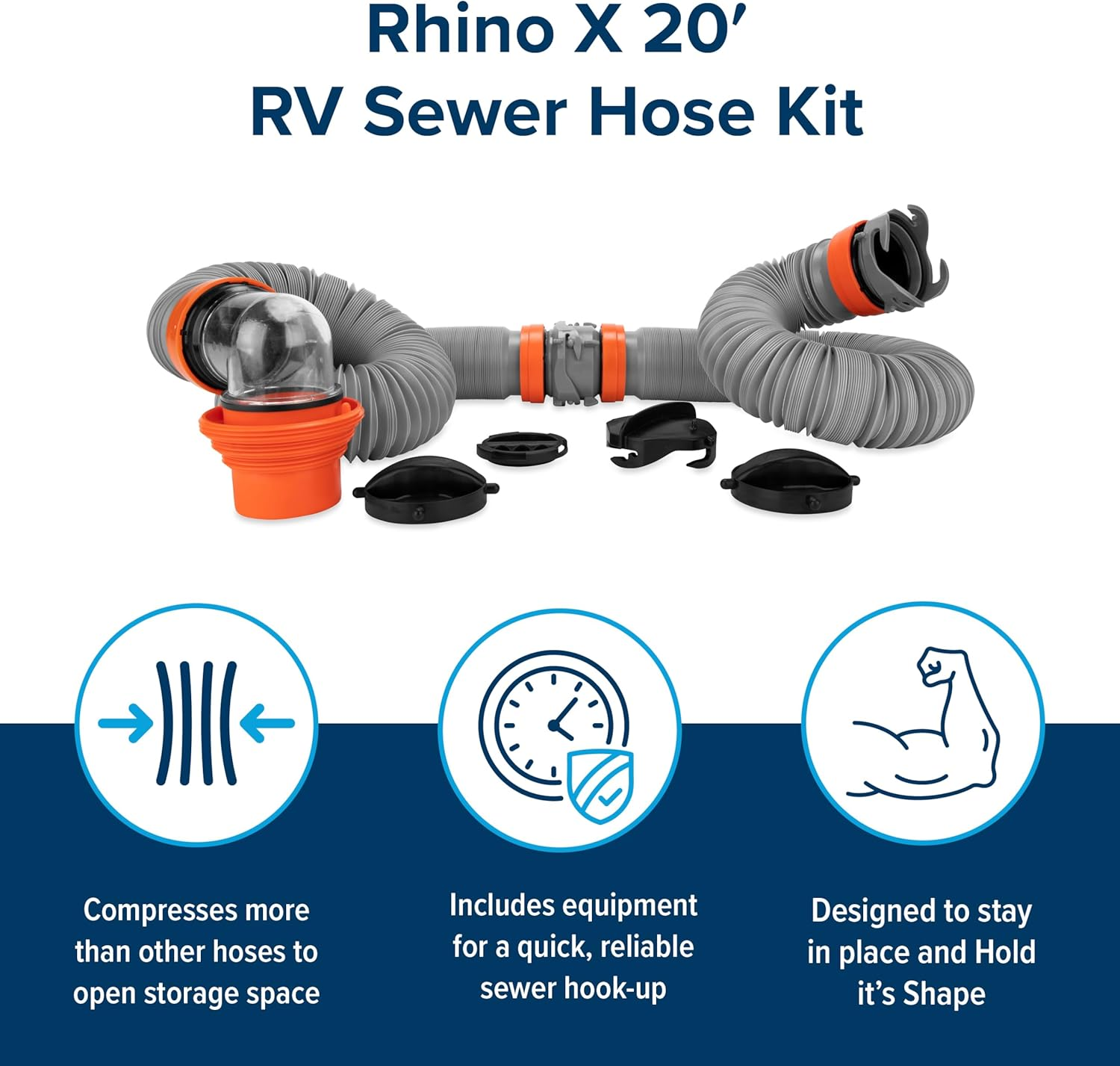Camco Rhino X 20-Ft Camper/Rv Sewer Hose Kit - (2) 10-Ft Heavy Duty RV Septic Hoses - Designed to Hold Shape & Stay In-Place - Includes 4-In-1 RV Adapter & 360&deg; Swivel RV Sewer Hose Fittings (39390) image number 4