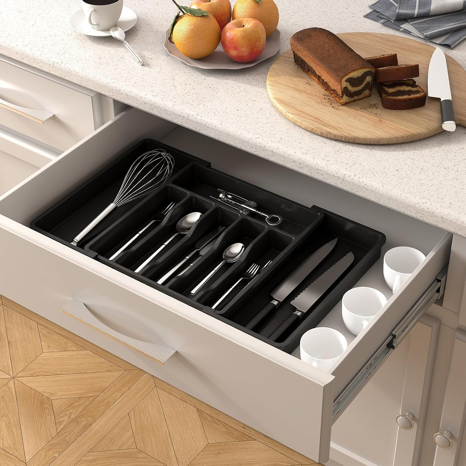 Adjustable Kitchen Cutlery Drawer Organiser, Expandable Utensil Tray, Large Black Storage for Silverware image number 1