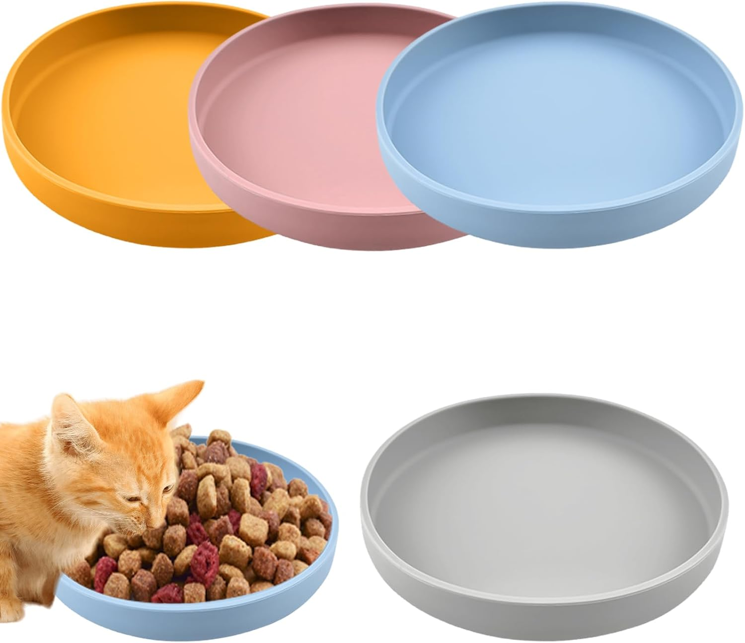 Pack of 3 Cat Bowls, Cat Feeding Bowls, Tricolour Cat Bowls, 18 Cm Silicone Bowl, Wide Cat Bowl, for Dry Food and Wet Food (Blue, Green, Yellow)