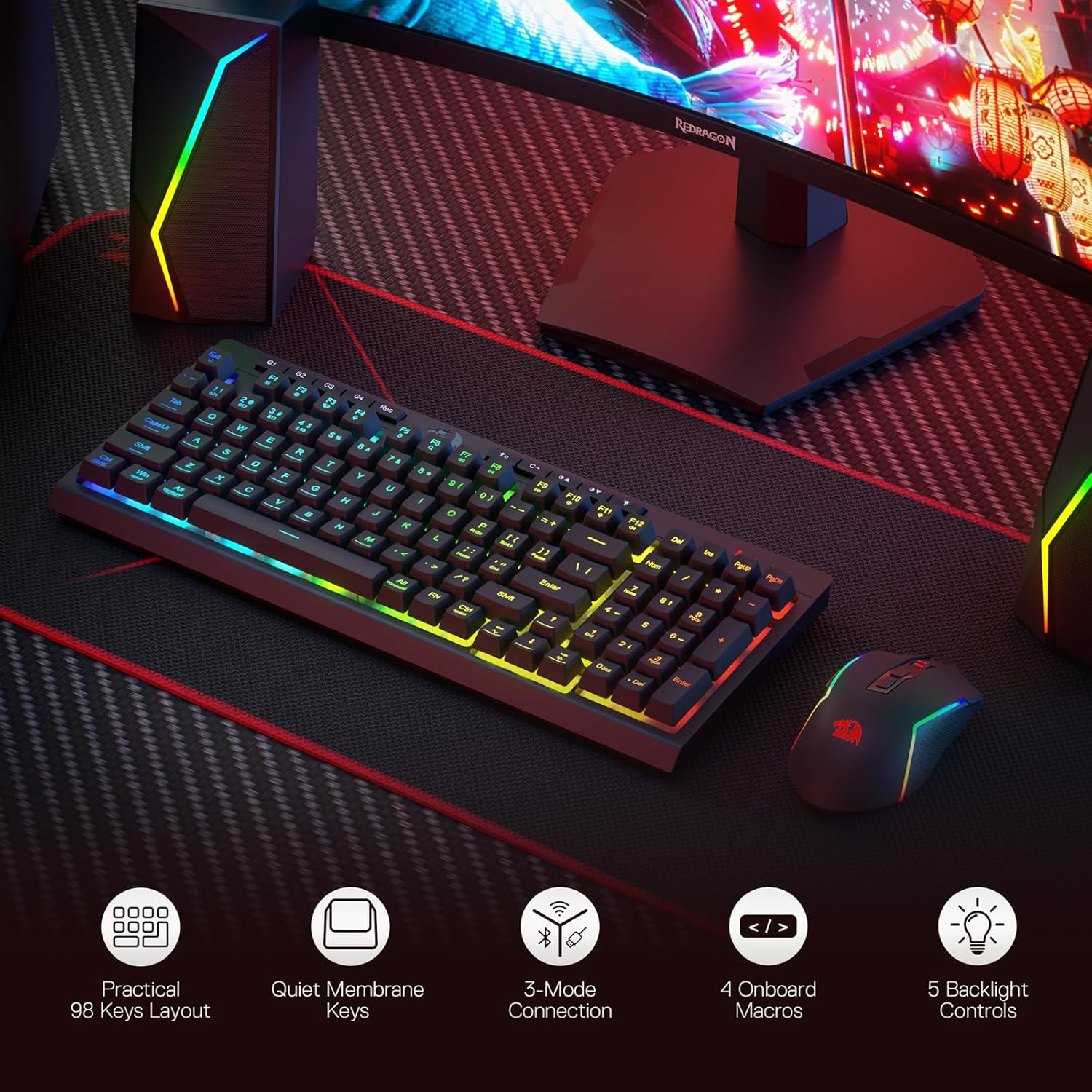 Redragon S142 Wireless Gaming Keyboard & Mouse Combo, 98 Keys K515 PRO Wireless RGB Membrane Keyboard and 4800 DPI Wireless 2.4Ghz Gaming Mouse Bundle, Convenient Shared Dongle image number 2