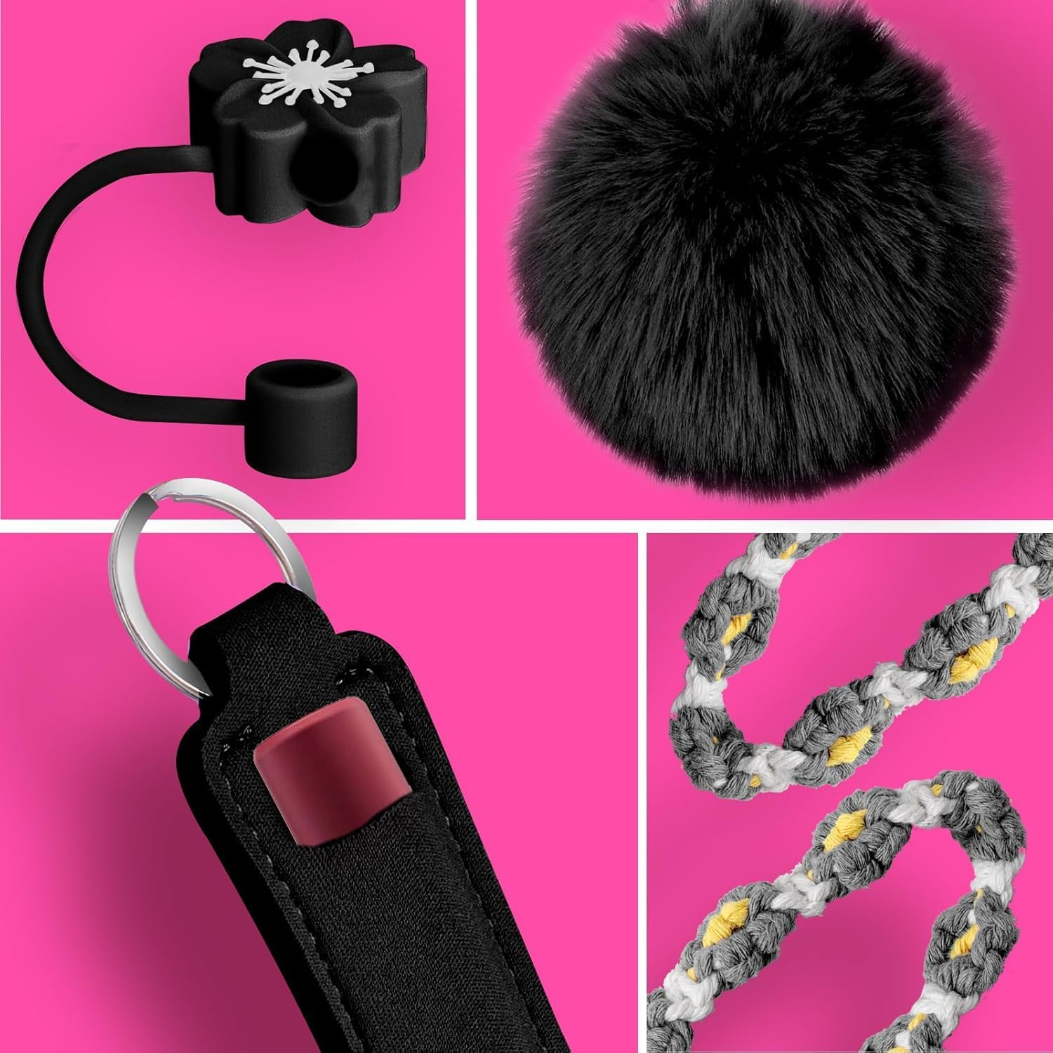 Cup Accessories for Stanley Cup 30Oz 40Oz Tumbler with Handle, Including Water Bottle Handle Strap, Chapstick Holder, Boot, Keychain Charms, Straw Topper Cover Cap for Stanley (Black) image number 3