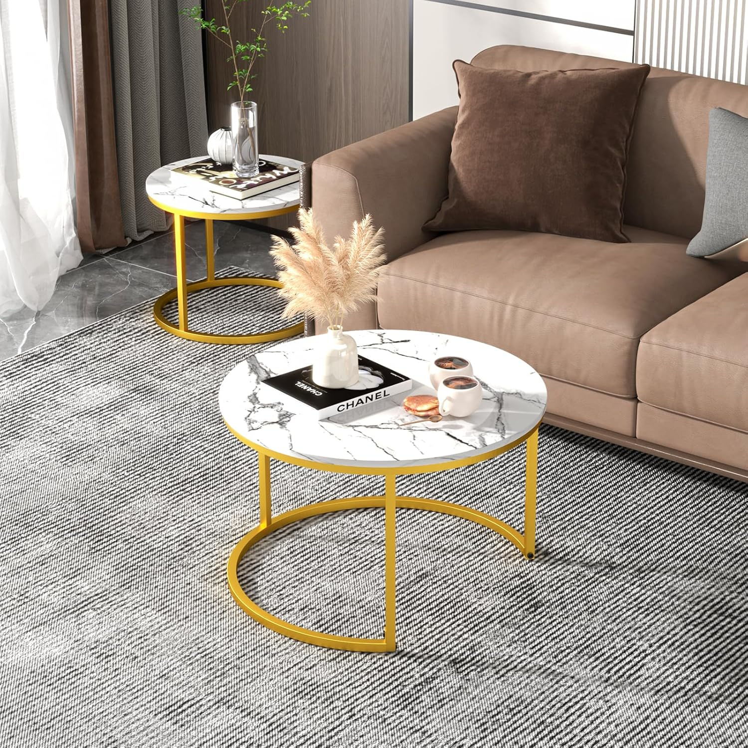 Advwin Coffee Table Set of 2, round Nesting Table Marble Pattern Wooden Side Table Metal Frame End Table for Living Room White image number 5