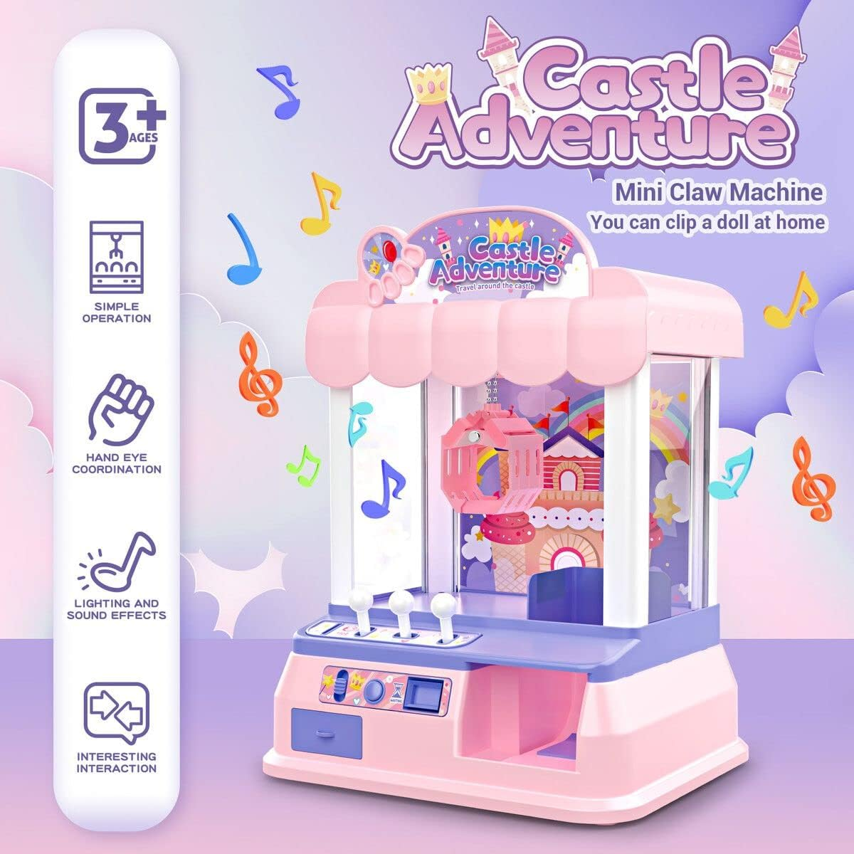 Kidbot Mini Claw Machine Kids Toy Candy Grabber Carnival Prize Claw Machine W/Led Lights & Sound Effects,Birthday,Pink
