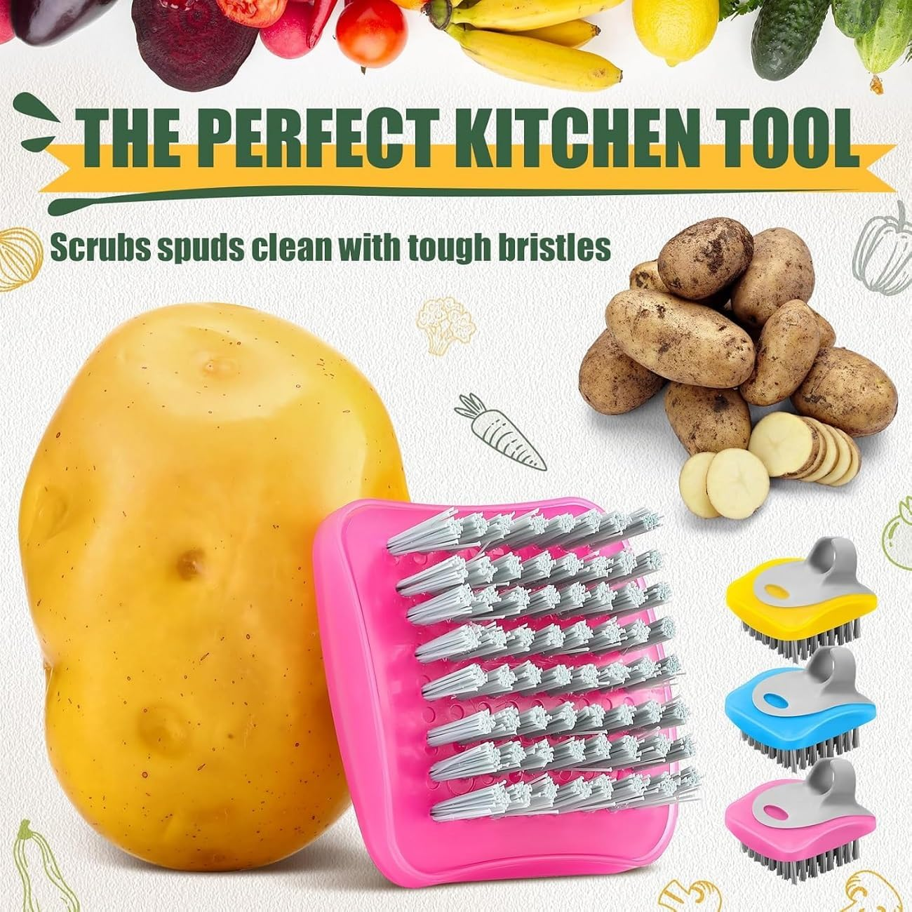WADY 3-Piece Fruit & Vegetable Cleaning Brushes Set Potato, Mushroom & Veggie Scrubbers Multi-Purpose Kitchen Brush Set with Durable Bristles for Effective Cleaning (Yellow, Red, and Blue) image number 6